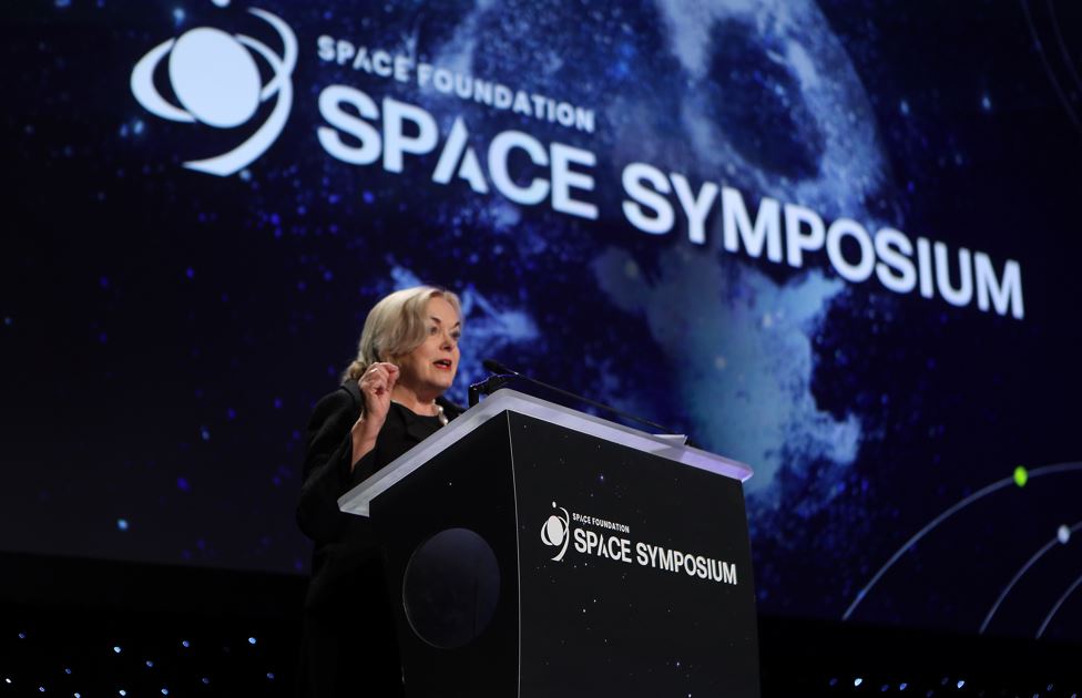 Judith Collins, seen here speaking at the Space Foundation's Space Symposium in the US in April, signs off every rocket's payload.