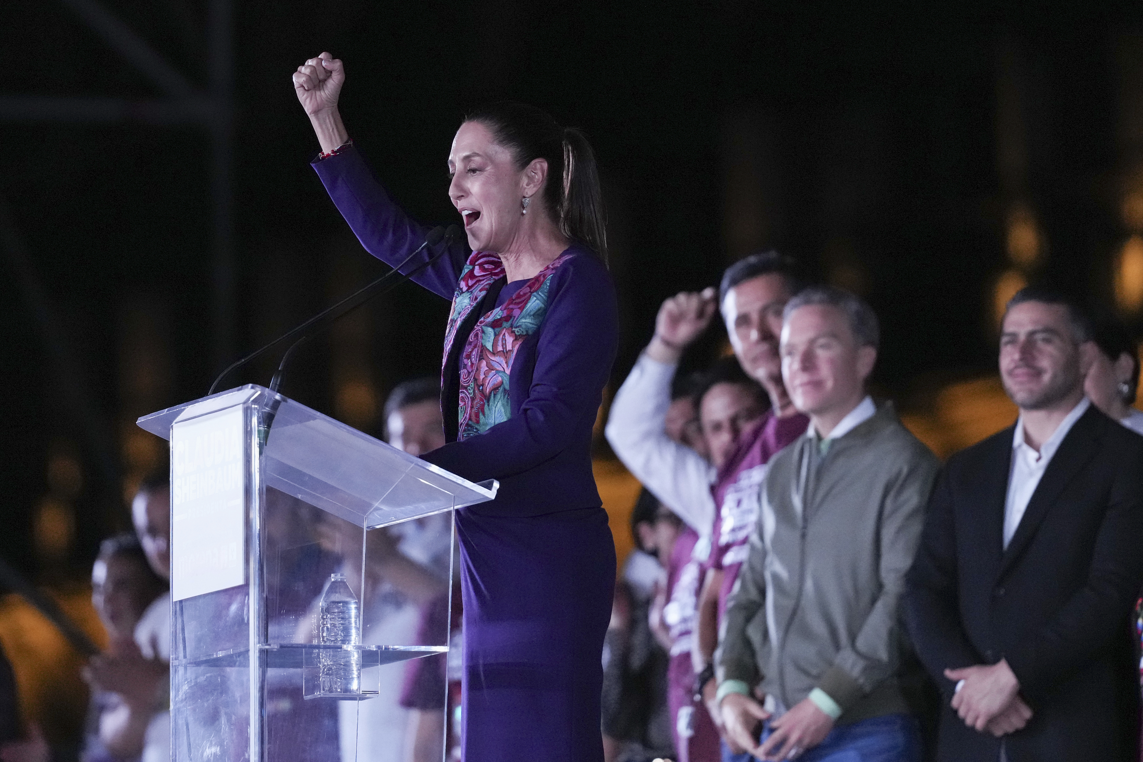 Ruling party presidential candidate Claudia Sheinbaum addresses supporters at the Zocalo, Mexico City's main square. Photo / AP