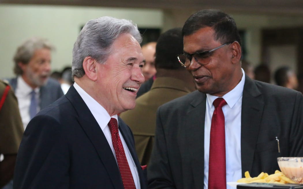 Winston Peters and Fiji's Deputy Prime Minister Bima Prasad at a function in Suva this week. Photo / RNZ, Koroi Hawkins