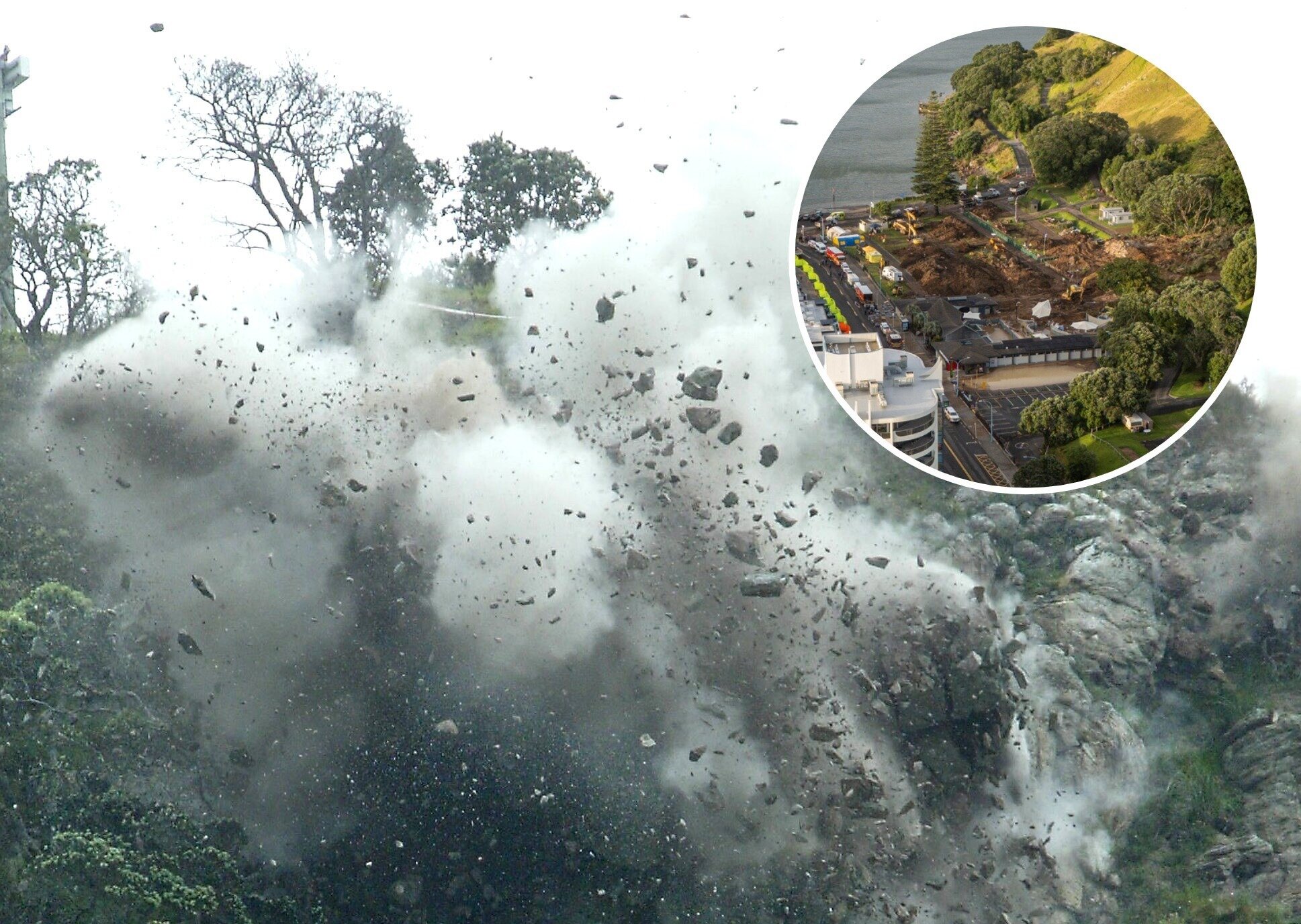 Tauranga City Council officials had previously evacuated the Mount Maunganui Beachside Holiday Park during a rock clearing mission, but didn't evacuate it before Thursday's deadly landslide, despite heavy weather and a history of slips on Mauao. Composite photo / NZ Herald