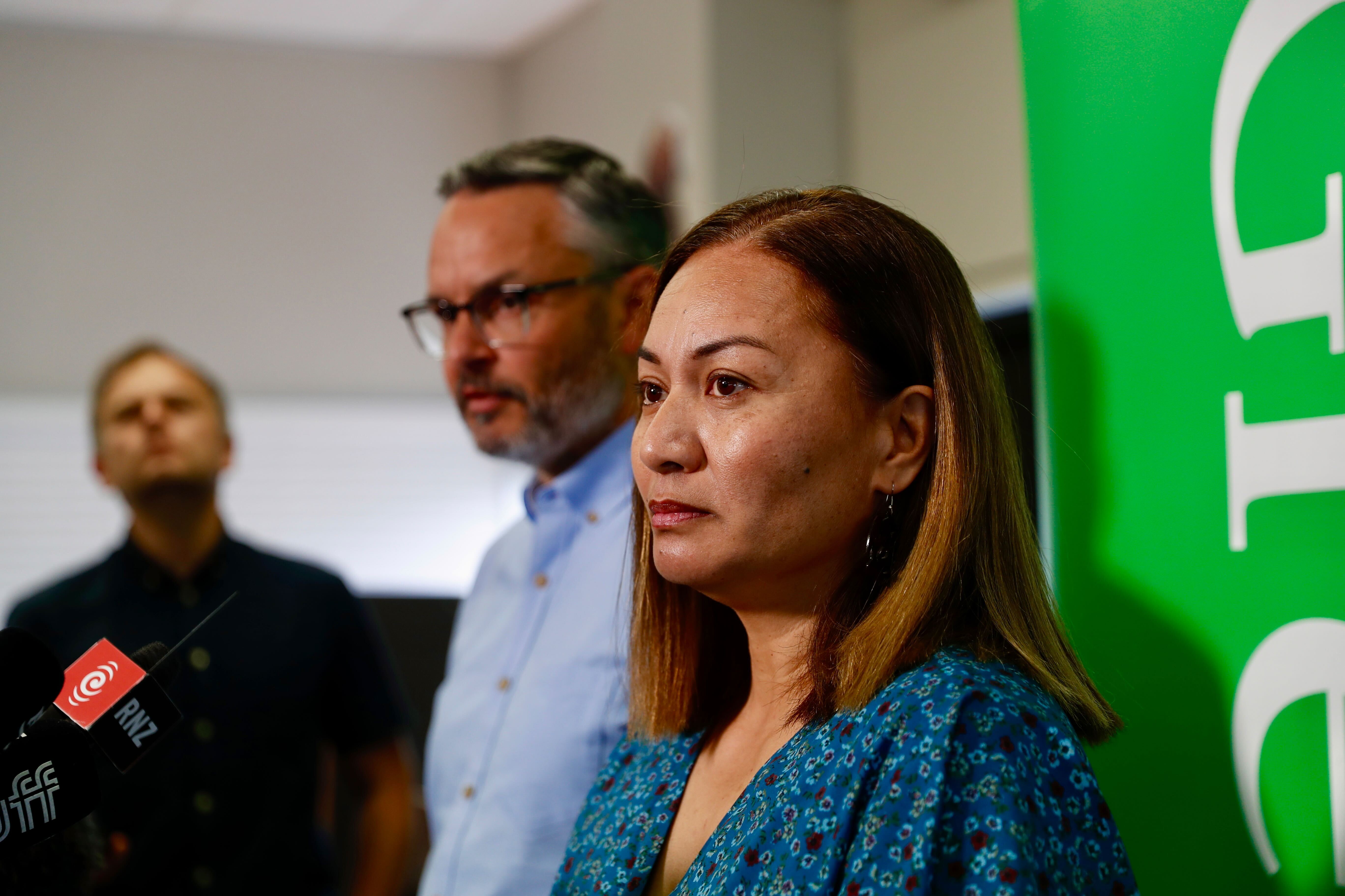 Green Party co-leaders Marama Davidson and James Shaw speak to media about Ghahraman. Photo / Dean Purcell