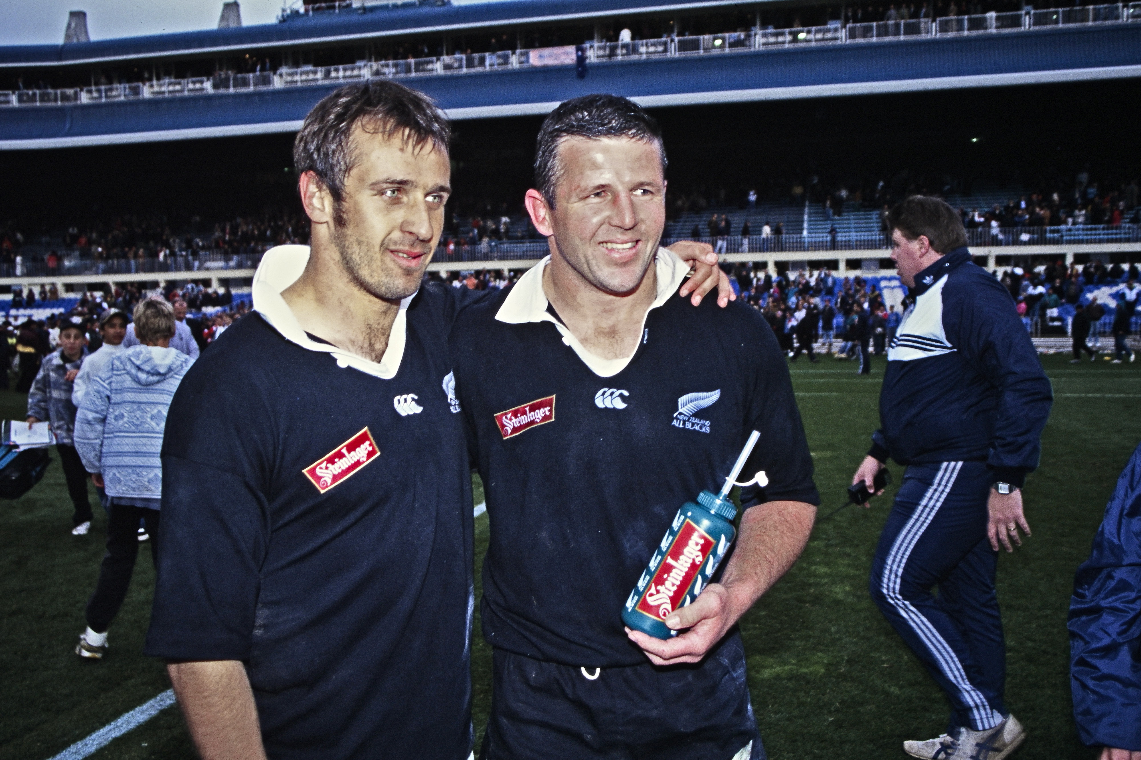 Philippe Saint-André & Sean Fitzpatrick after the match. Photo / Photosport