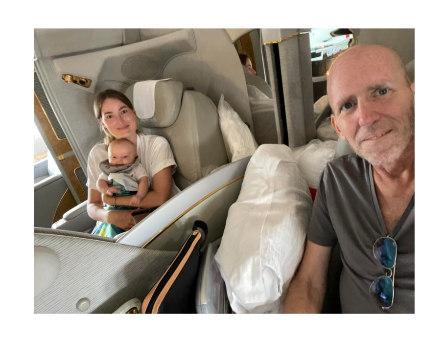 Simone Meier and partner Finn Batato with their son Luca on their way to Germany. Photo / Supplied