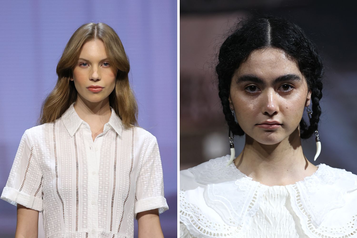 Left to right: Barely there beauty at Juliette Hogan. Dewy, luminous skin at Campbell Luke. Photos / Getty Images
