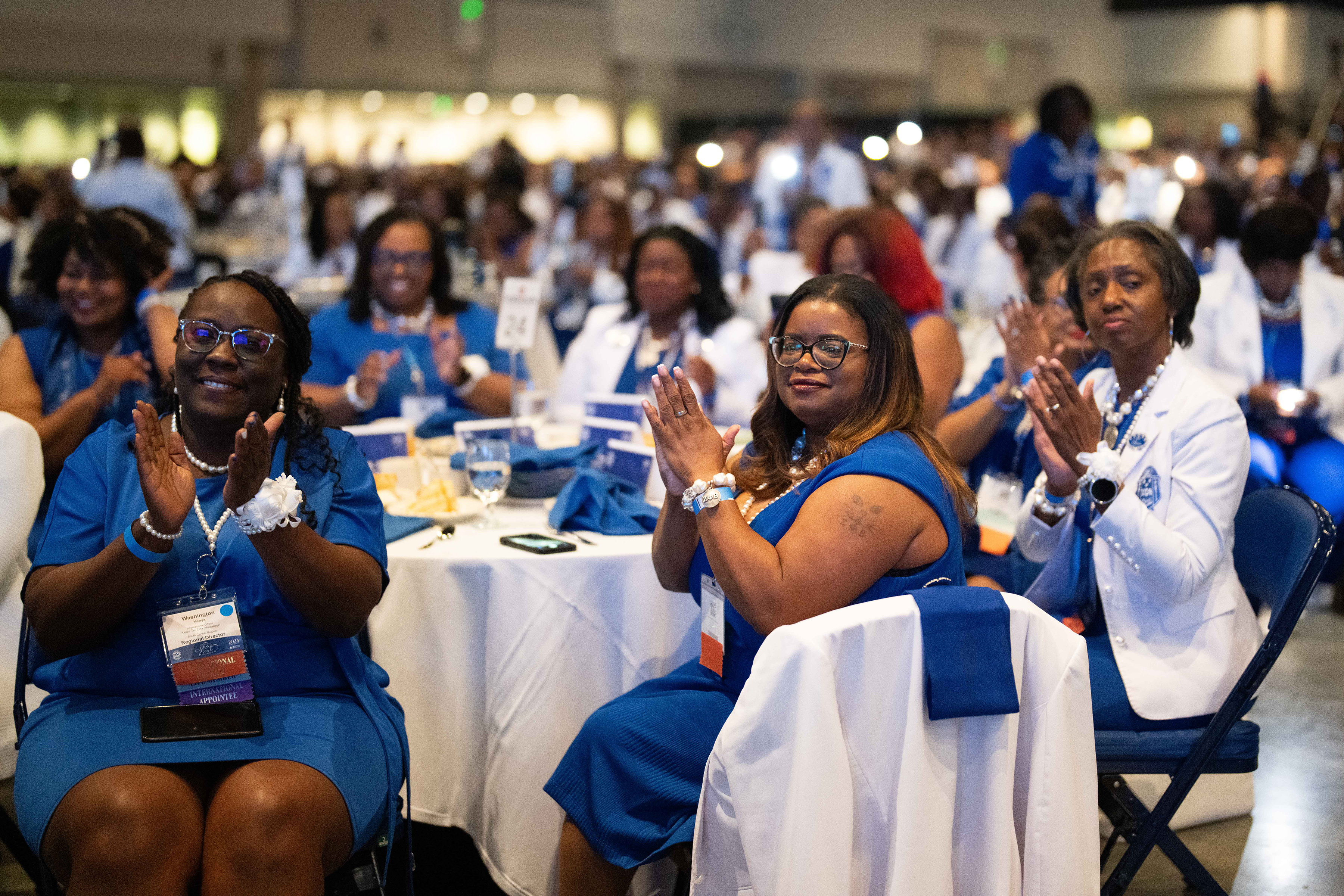 Attendees clap as Kamala Harris speaks at Zeta Phi Beta's Grand Boulé convention in Indianapolis on July 24, 2024. To deny Harris the party’s nomination would have meant breaking with one of its most valuable and loyal constituencies: Black women. Photo / Erin Schaff, The New York Times