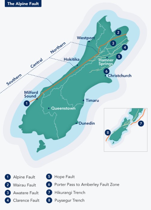 The Alpine Fault lies along the South Island's mountain spine. Source: GNS