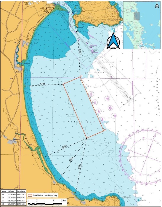 This map from McCallum Bros shows where the proposed sand extraction will take place, at least 4.7km off the shore of Bream Bay, south of Whangārei.