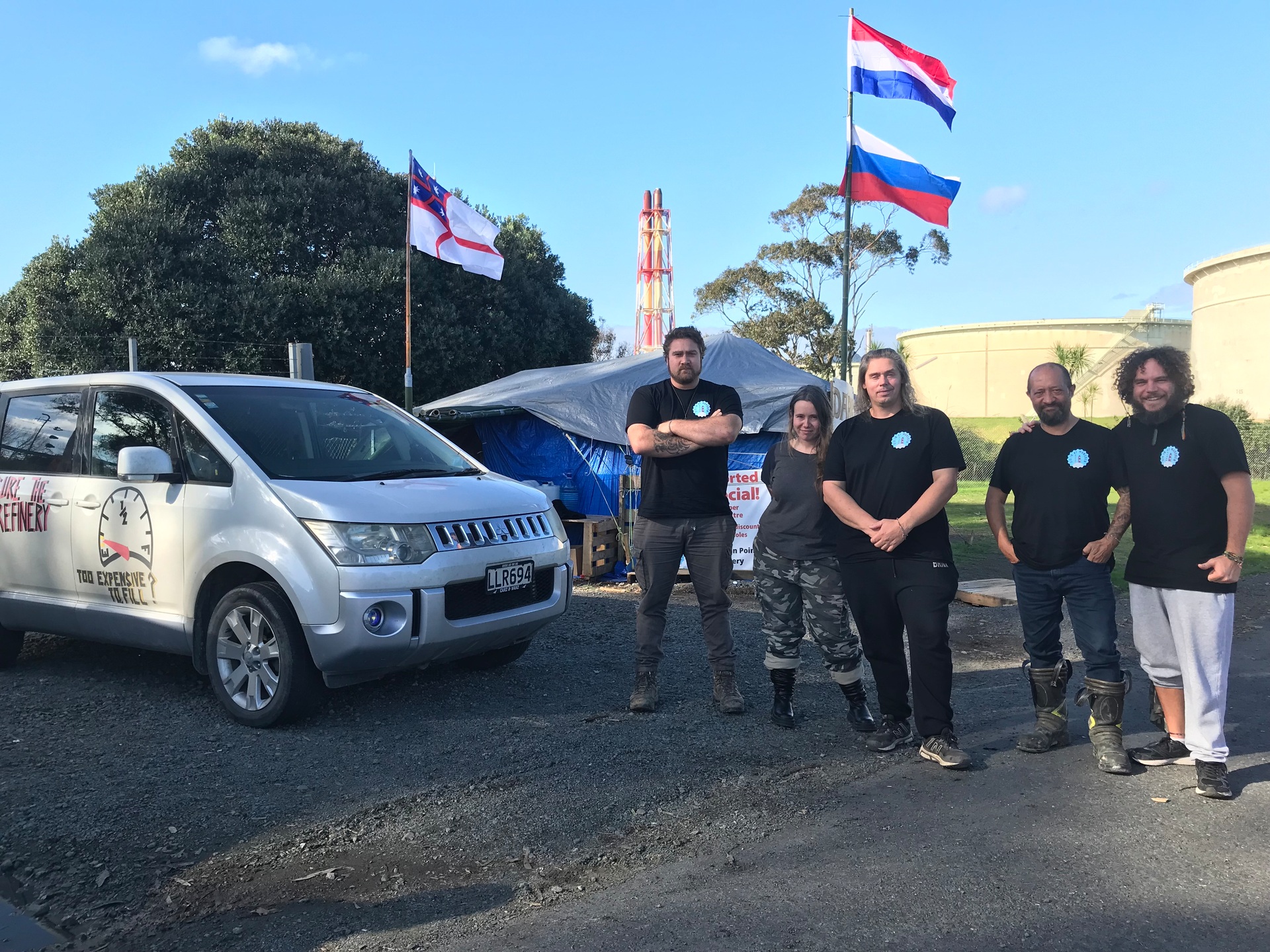 From left: Protest organiser Brad Flutey with Sue, Kiwi Patriot, Rob, and another protester who did not want to be named. Photo / Karina Cooper