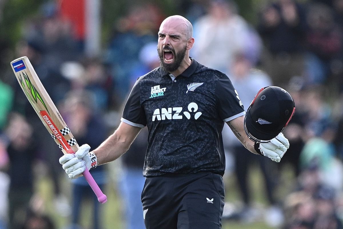 Daryl Mitchell celebrates his century against the West Indies in Christchurch. Photo / Photosport
