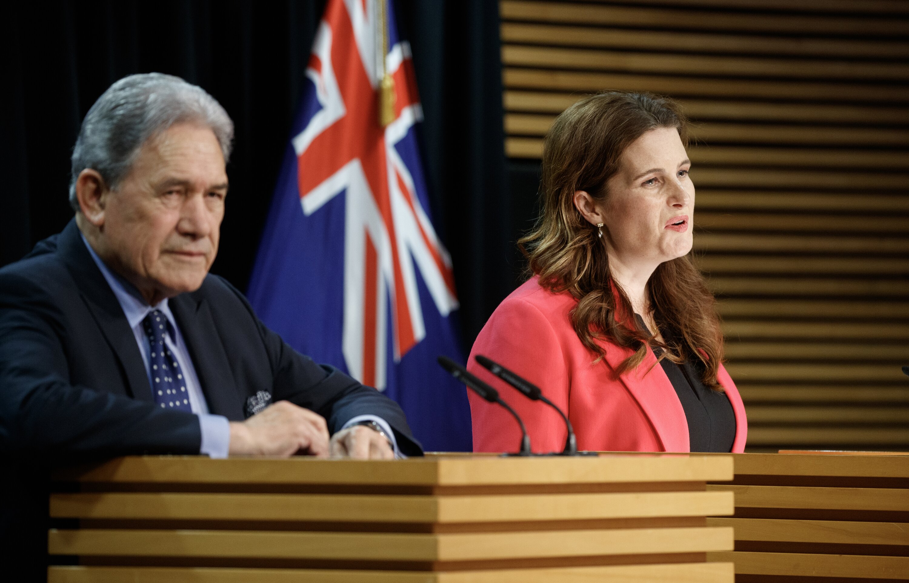 Finance Minister Nicola Willis and newly appointed Minister for Rail Winston Peters during their press conference on Wednesday. Photo / Mark Mitchell