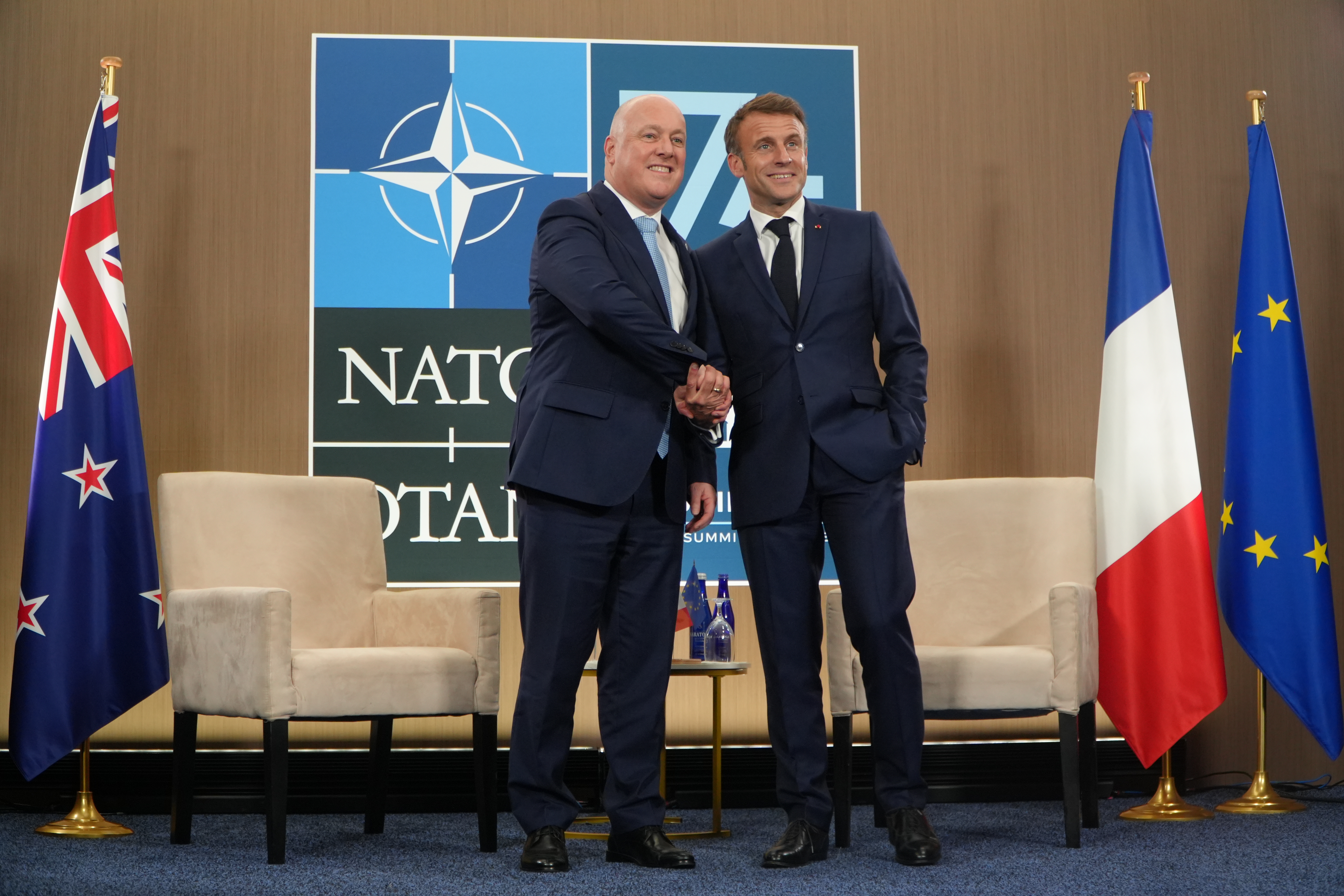 Prime Minister Christopher Luxon and French President Emmanuel Macron meeting on the sidelines of the Nato Summit in Washington DC earlier this month. Photo /  Pool