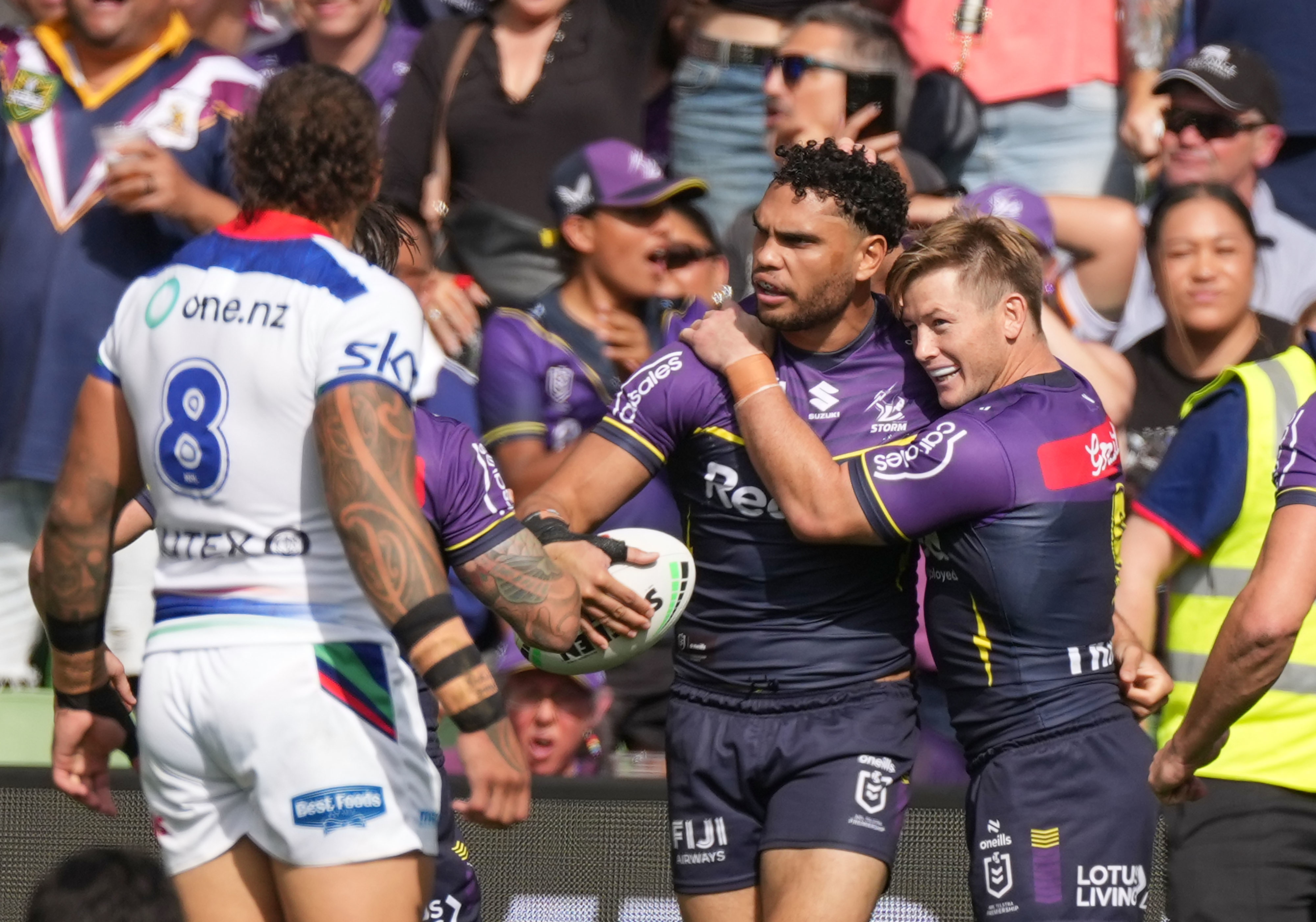 Xavier Coates celebrates scoring against the Warriors. Photo / Photosport.
