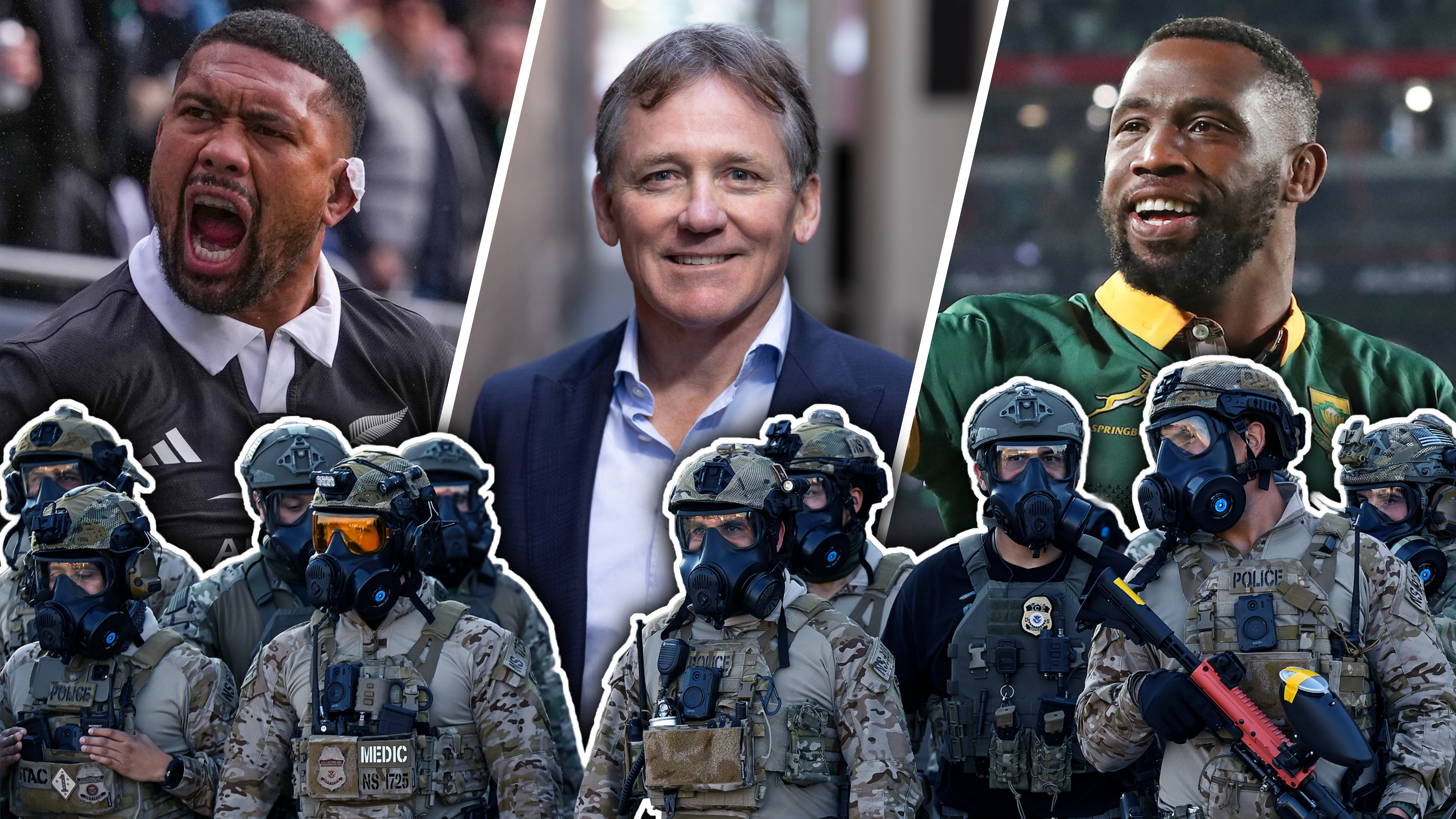 Current and former rugby stars Ardie Savea (from left), David Kirk and Siya Kolisi. ICE troops are pictured in the foreground. Photos / Photosport