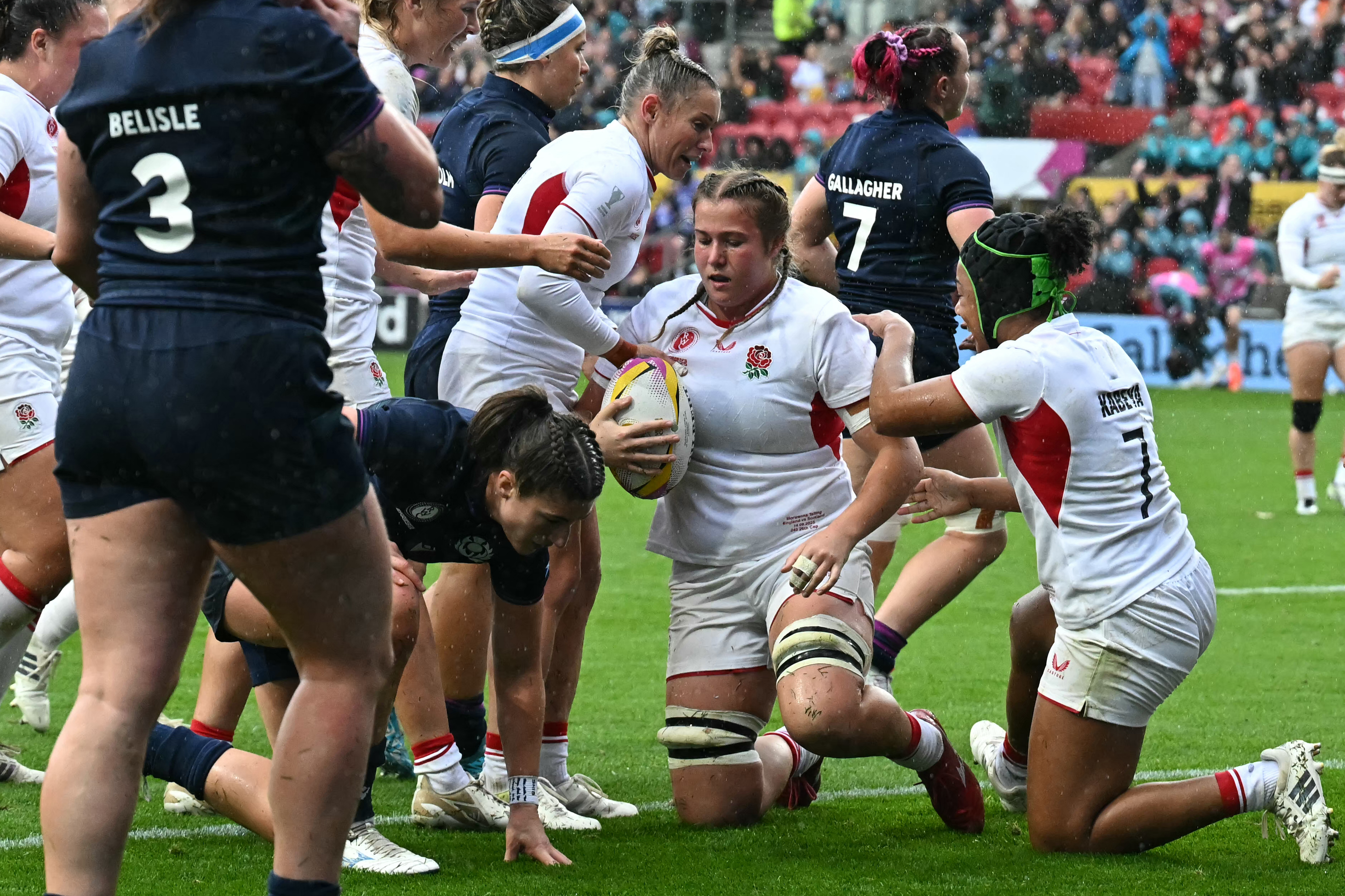 England's lock Morwenna Talling scores a try during the Women's Rugby World Cup quarter-final against Scotland. Photo / AFP