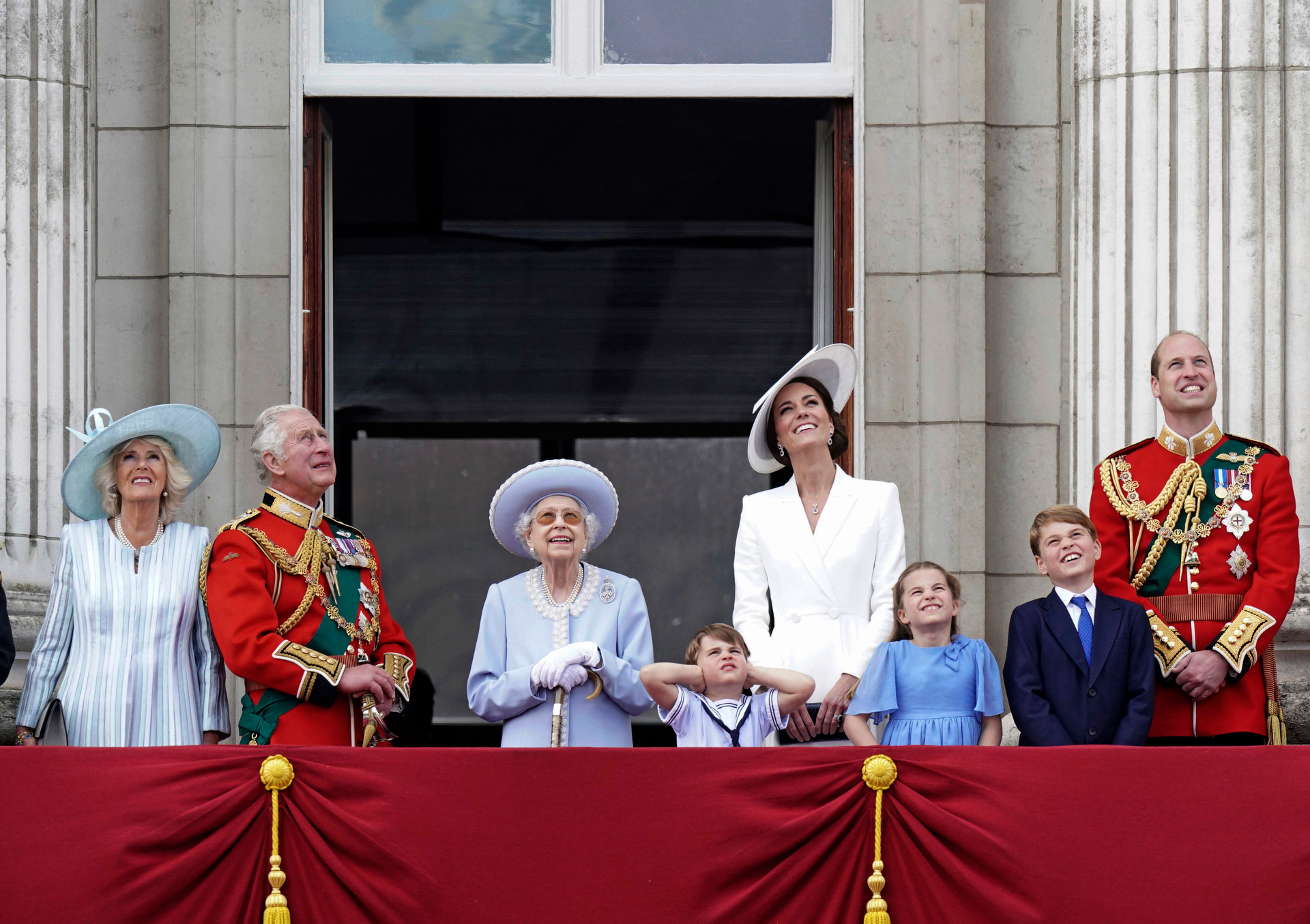 Camilla, the Duchess of Cornwall, Prince Charles, Queen Elizabeth II, Kate, Duchess of Cambridge, Prince Louis, Princess Charlotte, Prince George, and Prince William watch from the balcony of Buckingham Place after the Trooping the Colour ceremony in London. Photo / AP