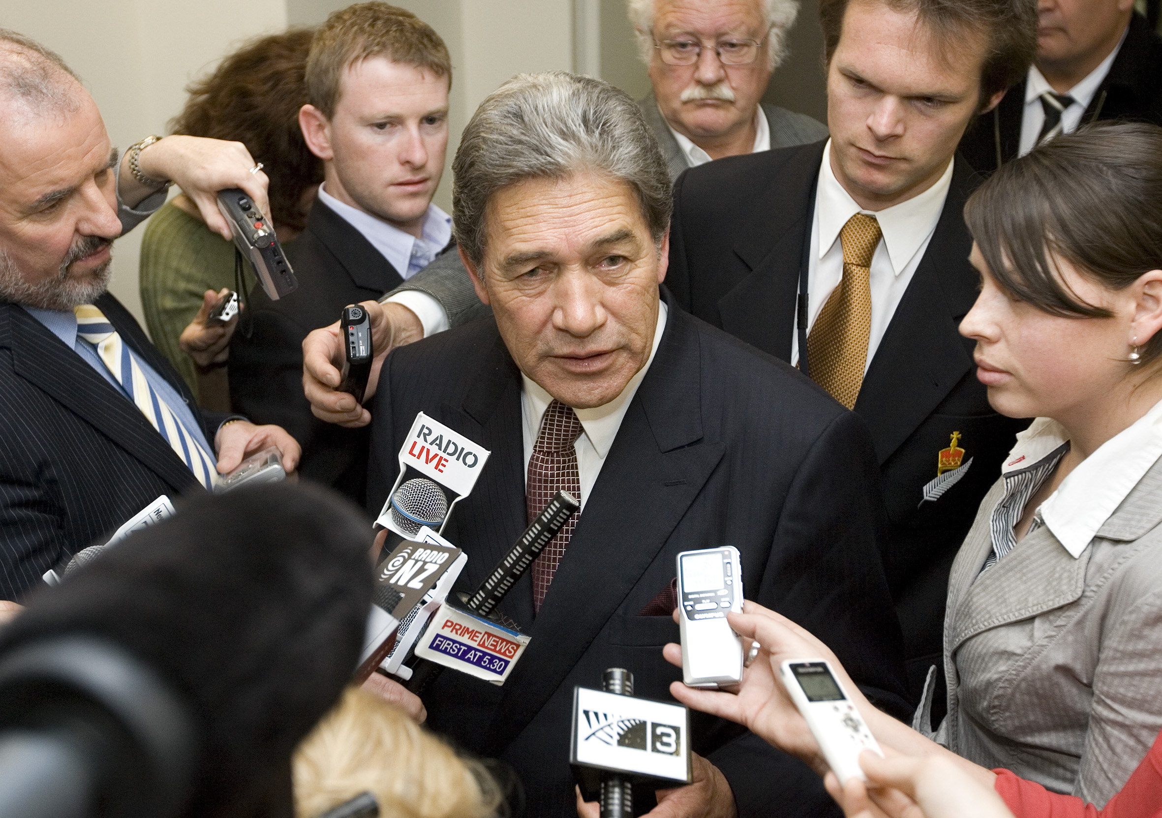 Winston Peters speaking after his appearance at the privileges committee hearing in 2008. Photo / Mark Mitchell
