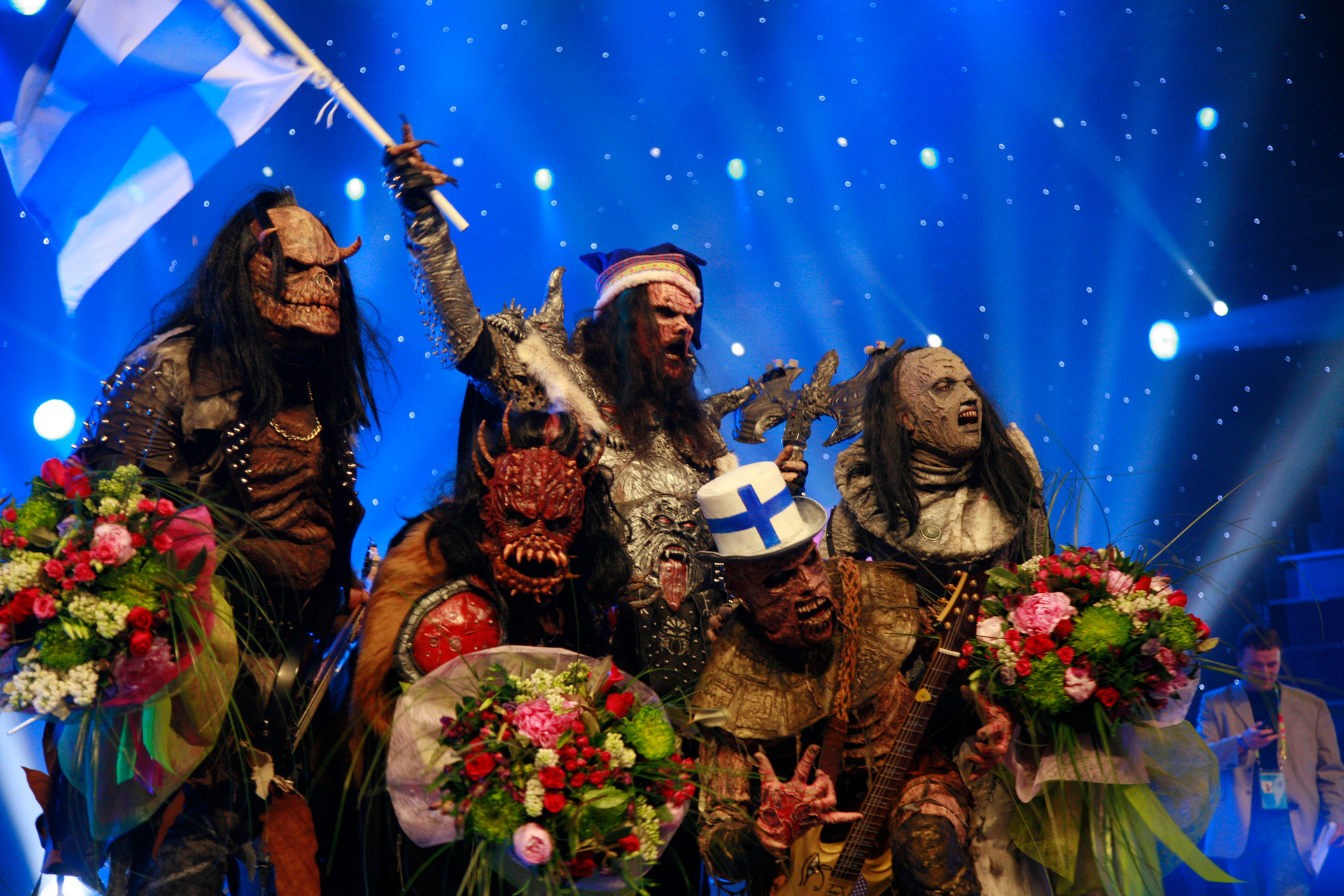 Happy people: Finland's representatives Lordi celebrate after winning the finals of the Eurovision song contest in 2006. Photo / Getty Images