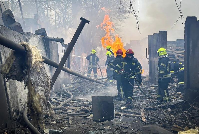 Emergency services work at the scene of a Russian attack in Odesa, Ukraine, Friday, March 15, 2024. A Russian missile strike on Odesa in southern Ukraine on Friday killed at least 14 people and injured 46 others, local officials said. A first missile struck houses and when emergency crews arrived at the scene a second missile landed, authorities said. Photo / AP