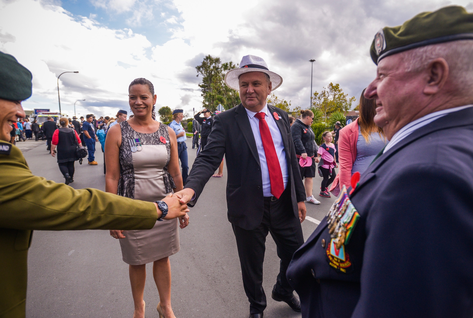 Shane Jones greets servicemen at the Manurewa Anzac Day parade, accompanied by his partner Dot Pumipi. Photo / Jason Dorday