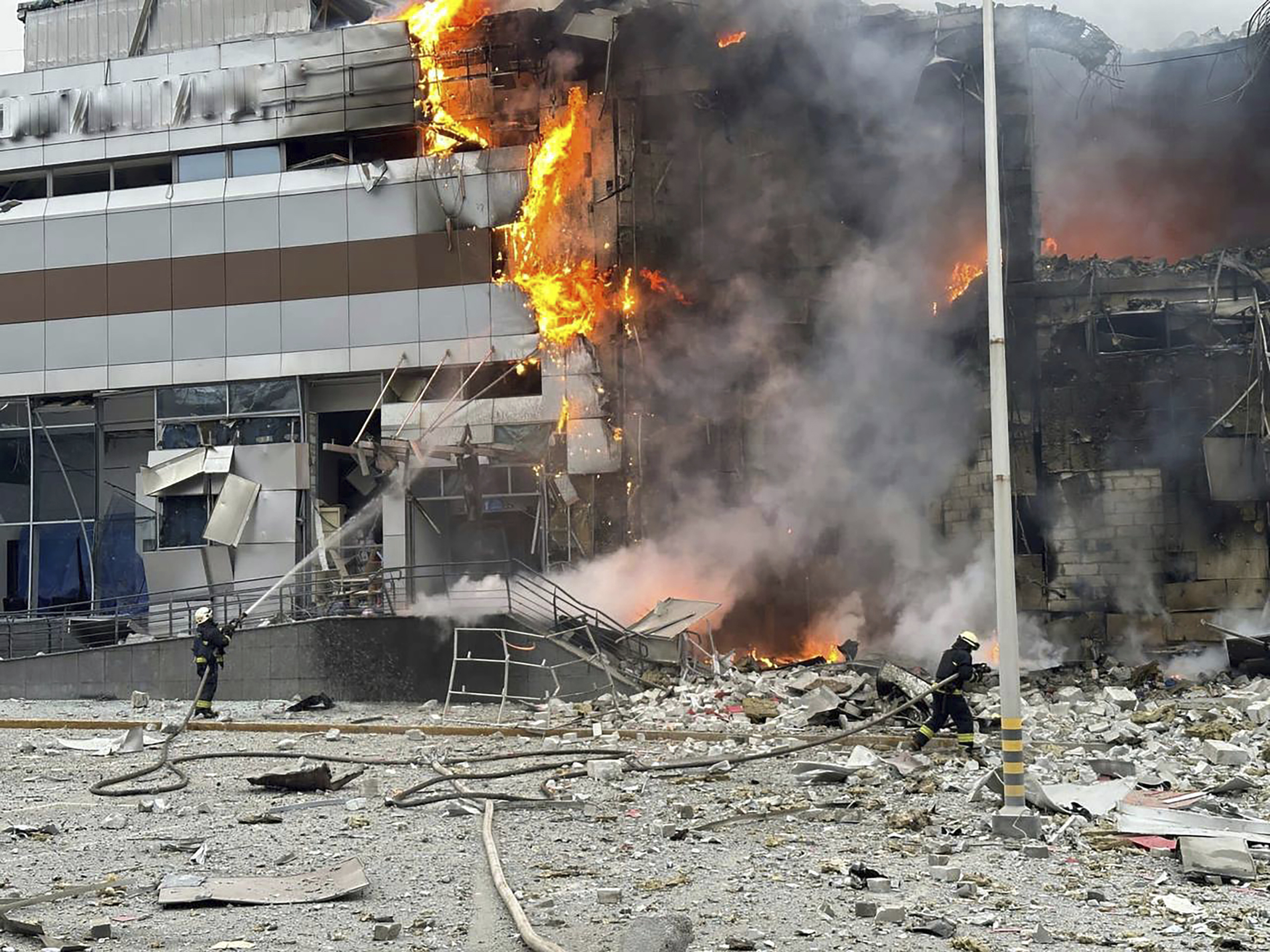 Firefighters work on a site of a building damaged after a Russian attack in Kyiv, Ukraine. Photo / Ukrainian Emergency Service via AP