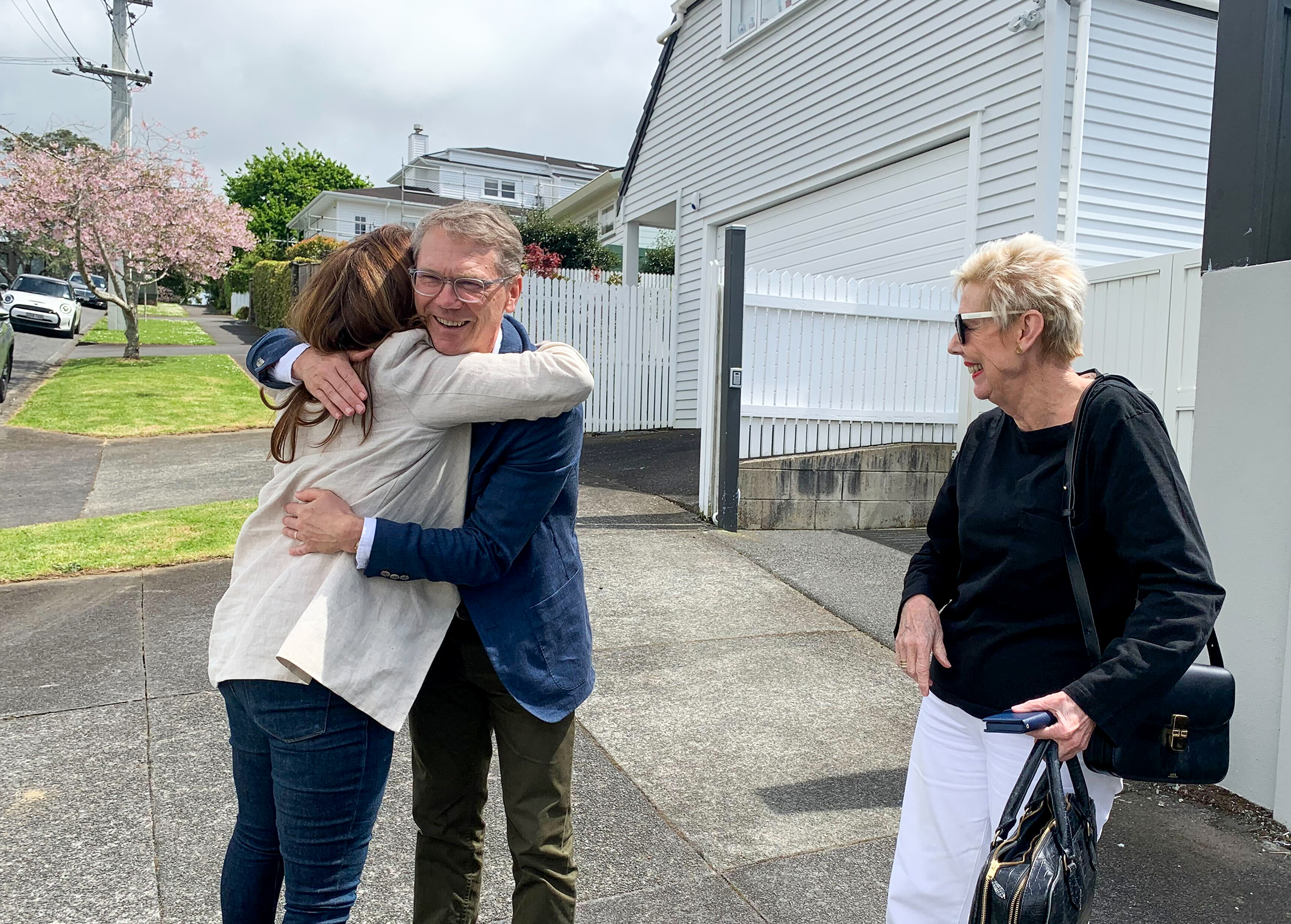 National Party deputy leader Nicola Willis (from left), MP Paul Goldsmith and National Party president Sylvia Wood outside Christopher Luxon's house in Remuera on Sunday. Photo / Adam Pearse