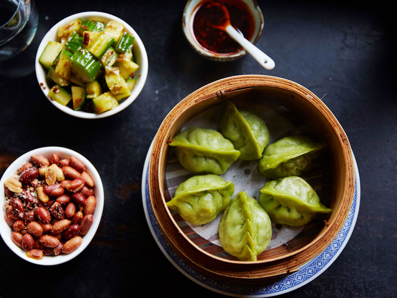 Spinach dumplings, peanuts and pickled cucumber on the menu at Xuxu. Photo / Rebecca Zephyr Thomas