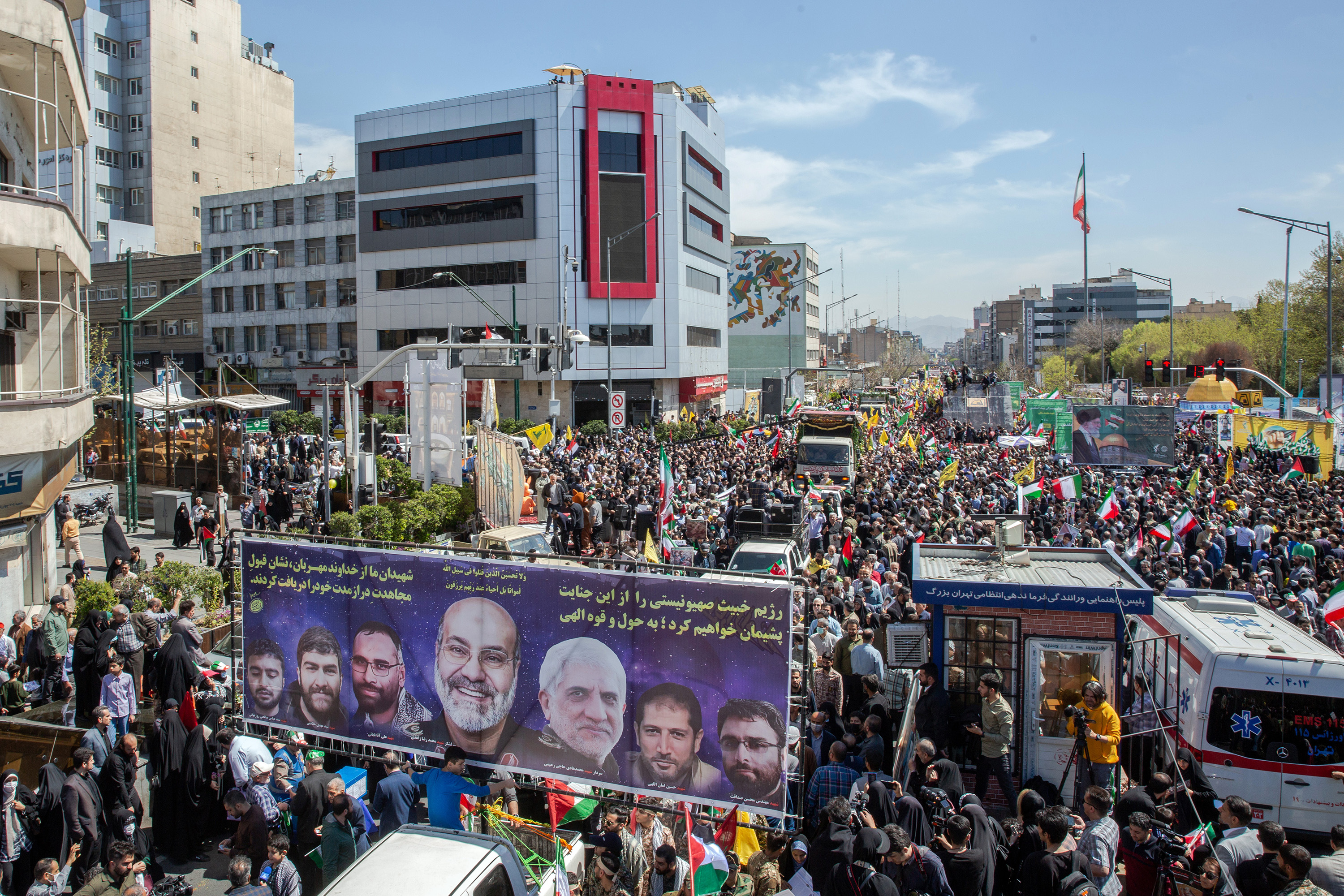 The funeral in Tehran for seven Iranian commanders and officers killed in an Israeli airstrike in Damascus, Syria. Photo / Arash Khamooshi, The New York Times