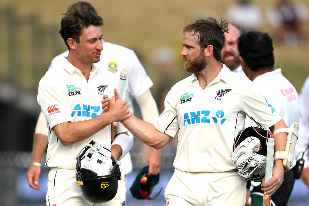 Will Young and Kane Williamson celebrate victory over South Africa in Hamilton. Photo / Getty Images