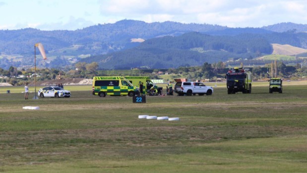 Emergency services at the scene of Saturday's fatal skydiving incident. Photo / Cameron Avery