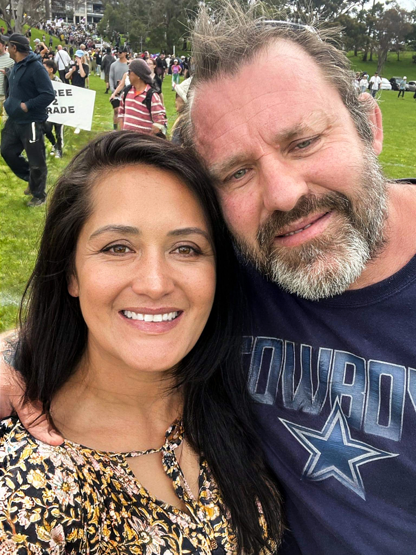 Krissy Oliver and Steve Oliver at the Freedom and Rights Coalition March in Auckland Domain. Photo / Supplied