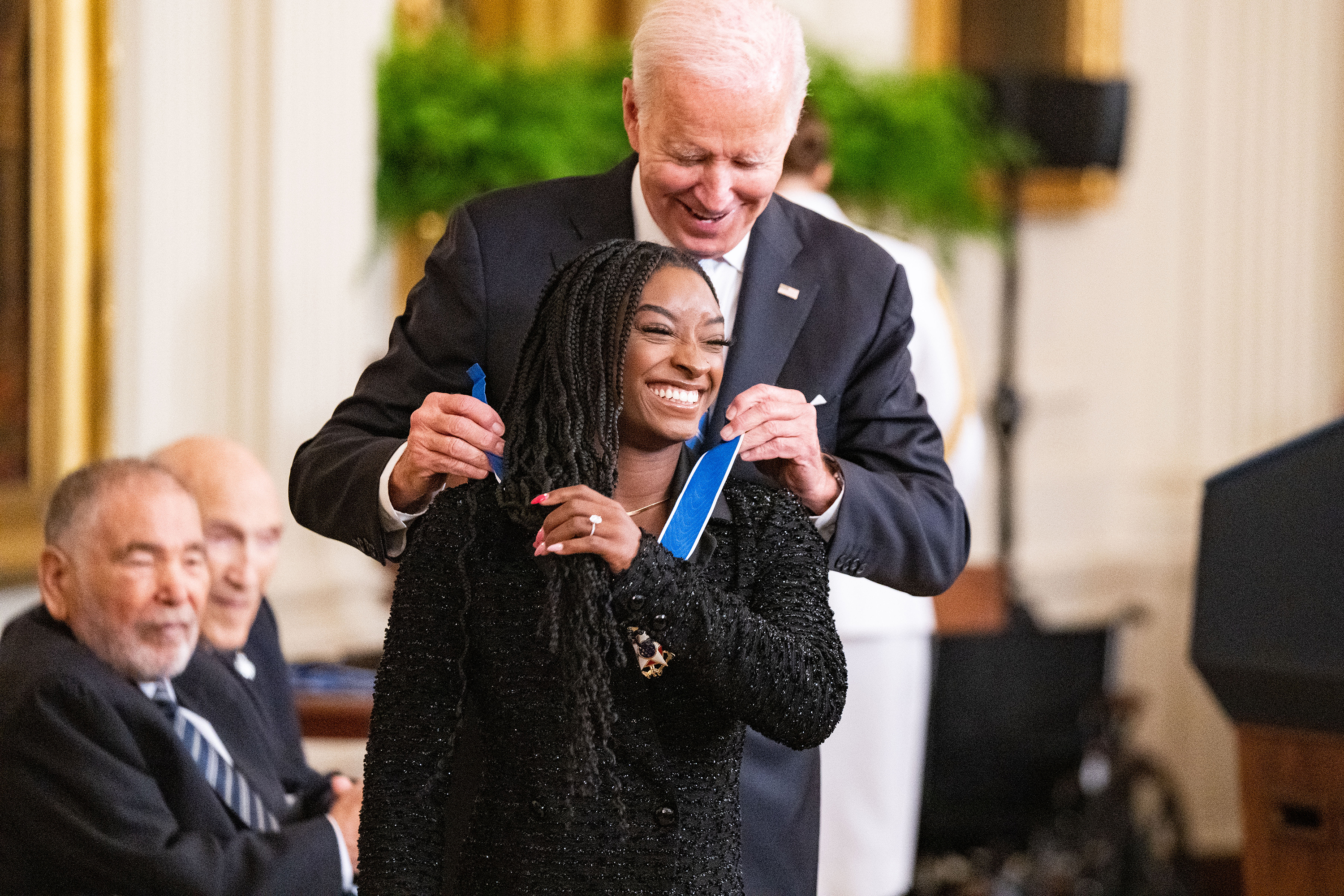 President Biden awarding Biles the Presidential Medal of Freedom at the White House in 2022. He said she had “absolute courage to turn personal pain into greater purpose.” Photo / Haiyun Jiang, The New York Times