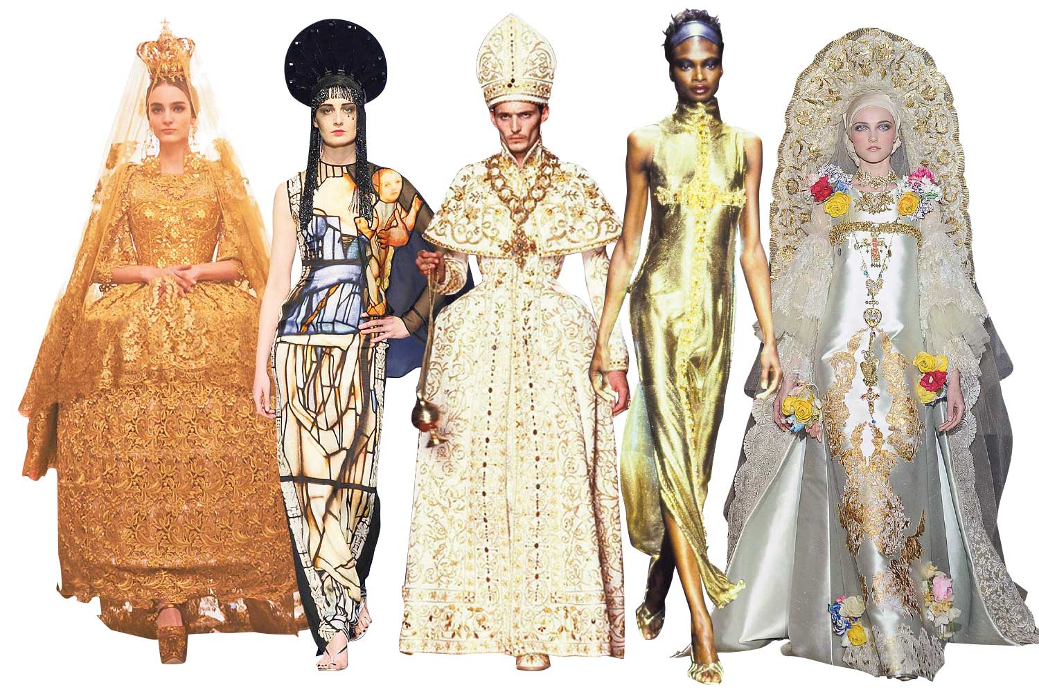 From left: Dolce & Gabbana Alta Moda, Spring 2013; Jean Paul Gaultier Haute Couture,  Spring 2007; John Galliano for Dior Haute Couture, Fall 2000; Gianni Versace, Fall 1997;  Christian Lacroix Haute Couture, Fall 2009. Pictures / Getty Images & Supplied.