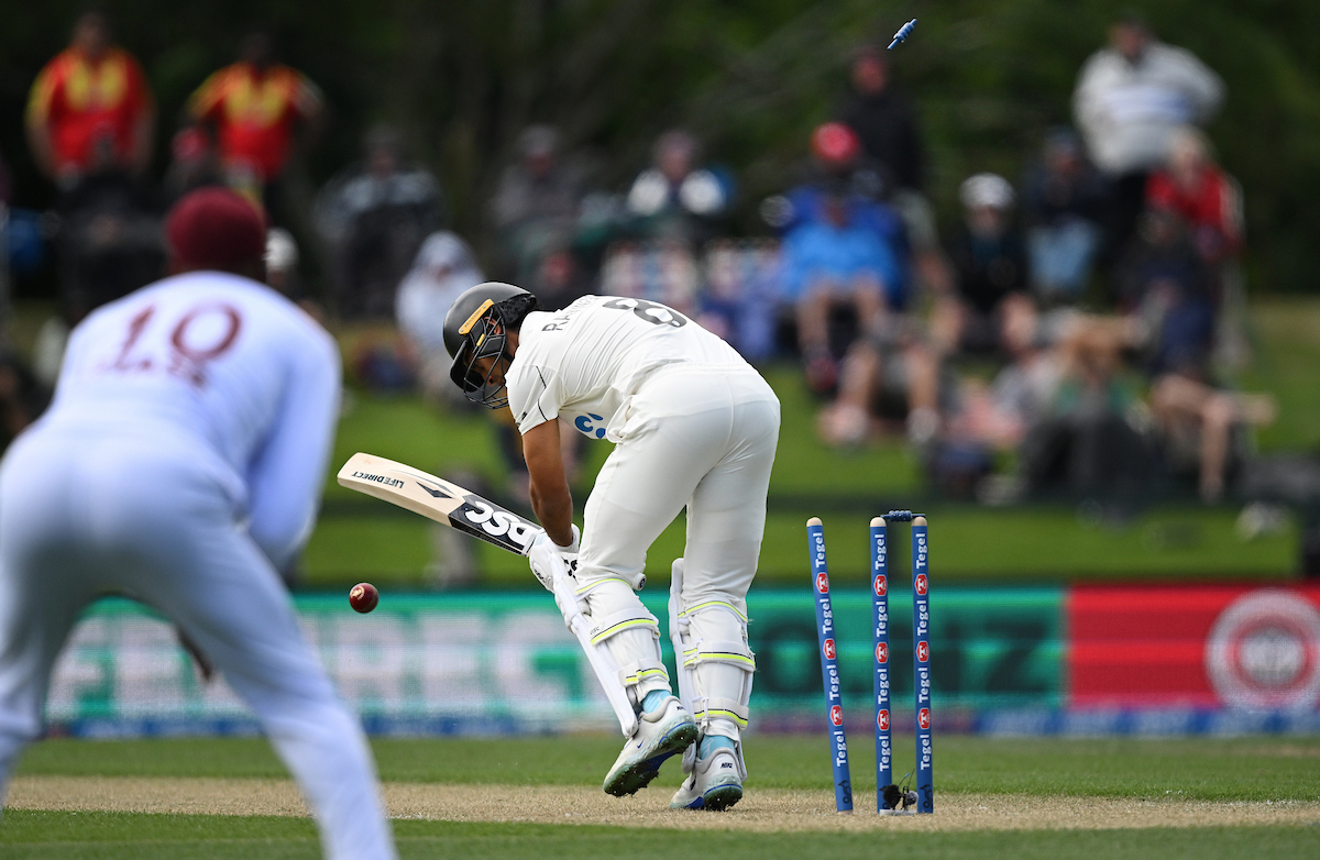 Black Cap Rachin Ravindra is bowled by Jayden Seales on the opening day of the first test against the West Indies. Photo / Photosport