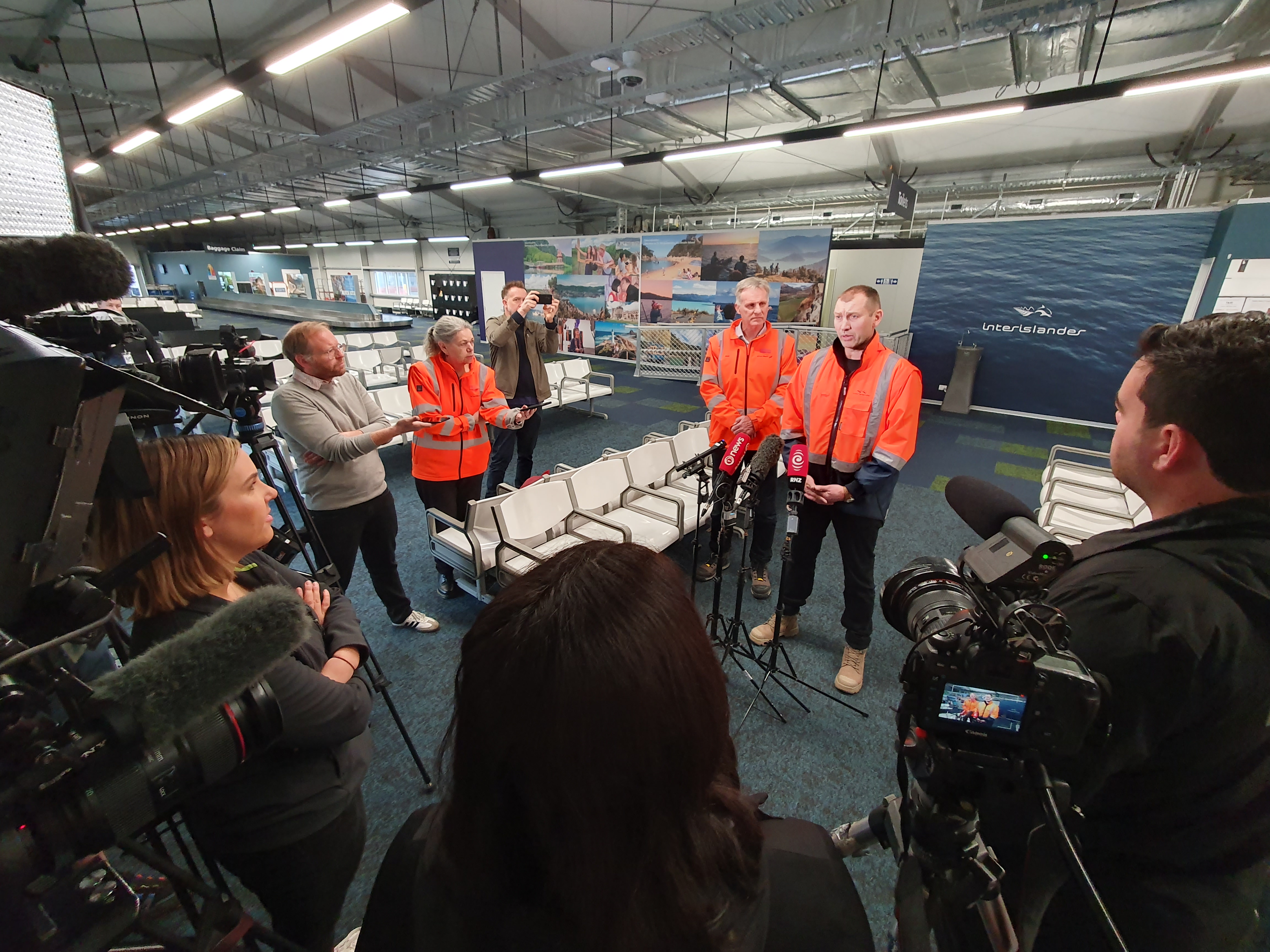 KiwiRail's chief executive Peter Reidy, left, and Interislander general manager Duncan Roy speak to media at a press conference in Picton after the Aratere ferry was refloated. Photo / Tim Cuff Sunday June 23