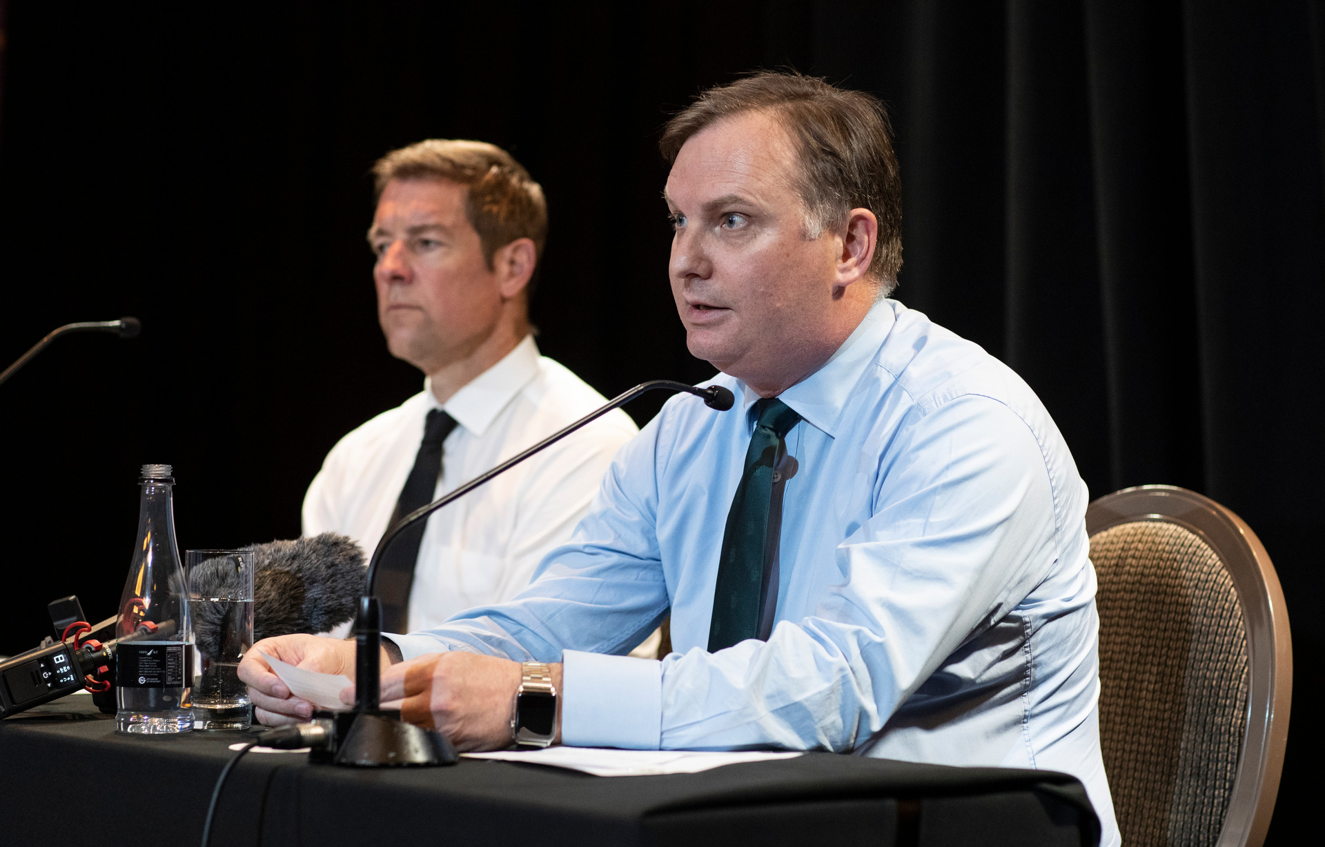 Dilworth College Headmaster, Dan Reddiex (left) and Chairman of the Dilworth Trust Board, Aaron Snodgrass address media after the historic abuse was made public in 2020. Photo / NZ Herald