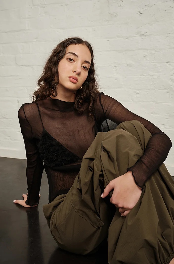 Oosterom’s sheer crinkle skivvy is made from deadstock silk.