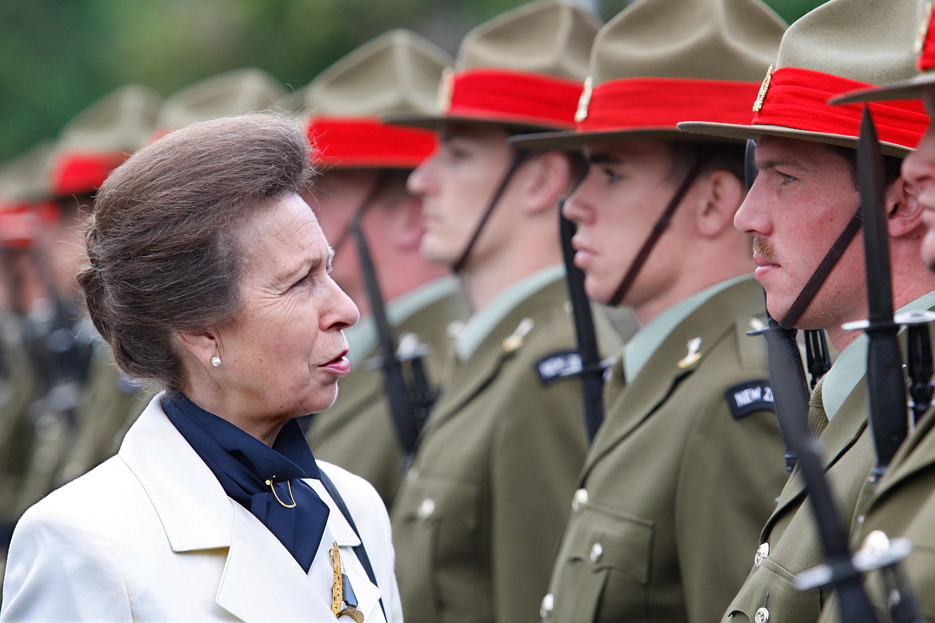 Princess Anne, Princess Royal inspects a guard of honor during a visit to the Royal New Zealand Corps of Signals and Royal New Zealand Nursing Corps at Burnham Military Camp in November 2008 in Christchurch. Photo / Martin Hunter / Getty Images