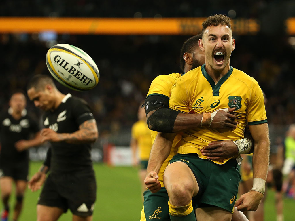 Nic White of the Wallabies celebrates a try during the 2019 Rugby Championship Test Match between the Australian Wallabies and the New Zealand All Blacks. Photo / Getty Images.