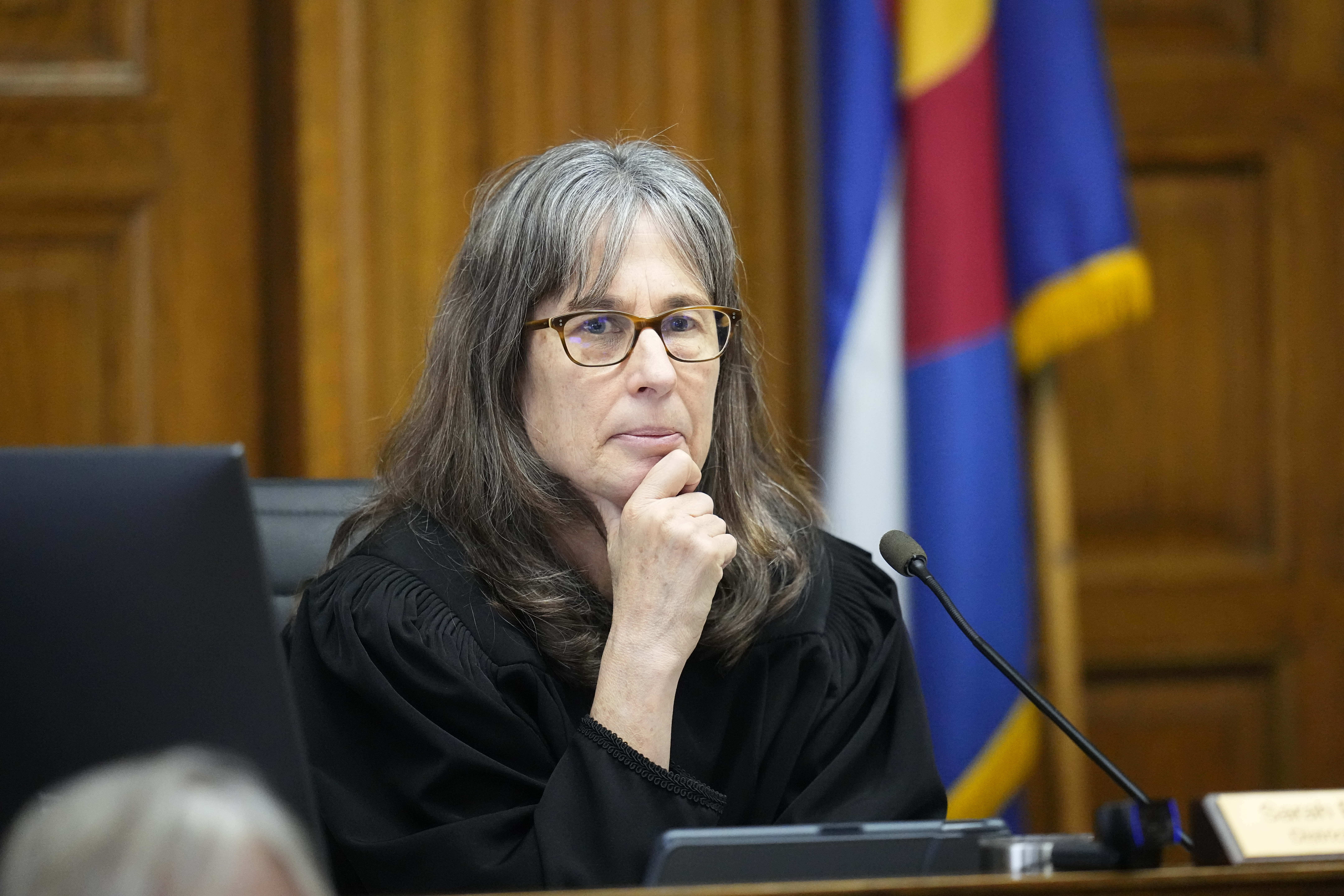 Judge Sarah B. Wallace presides over a hearing for a lawsuit to keep former President Donald Trump off the state ballot. Photo / AP