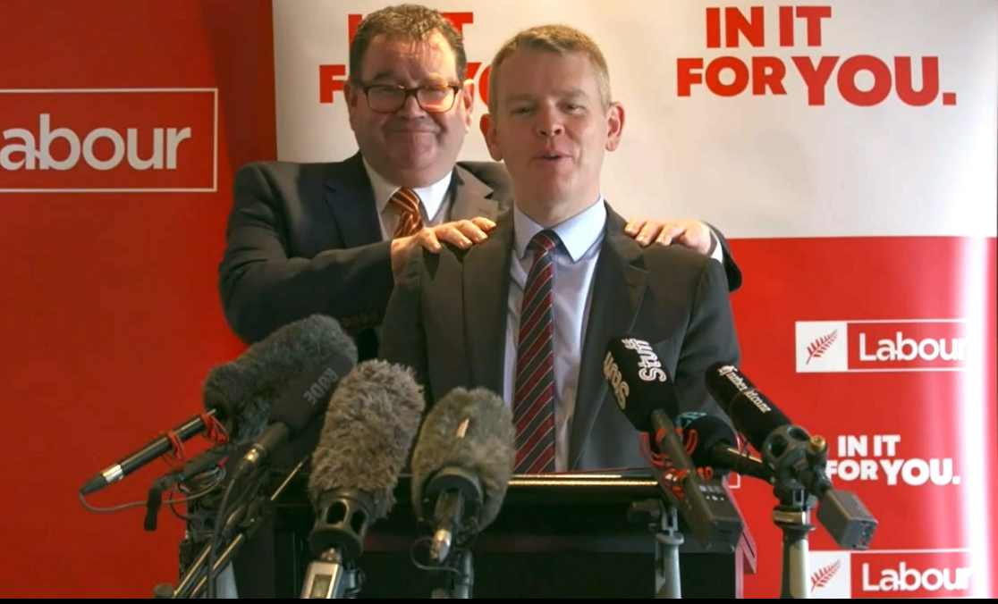 Grant Robertson massaging Chris Hipkins' shoulders at the announcement of Labour's fiscal plan in 2023. Photo / Dean Purcell