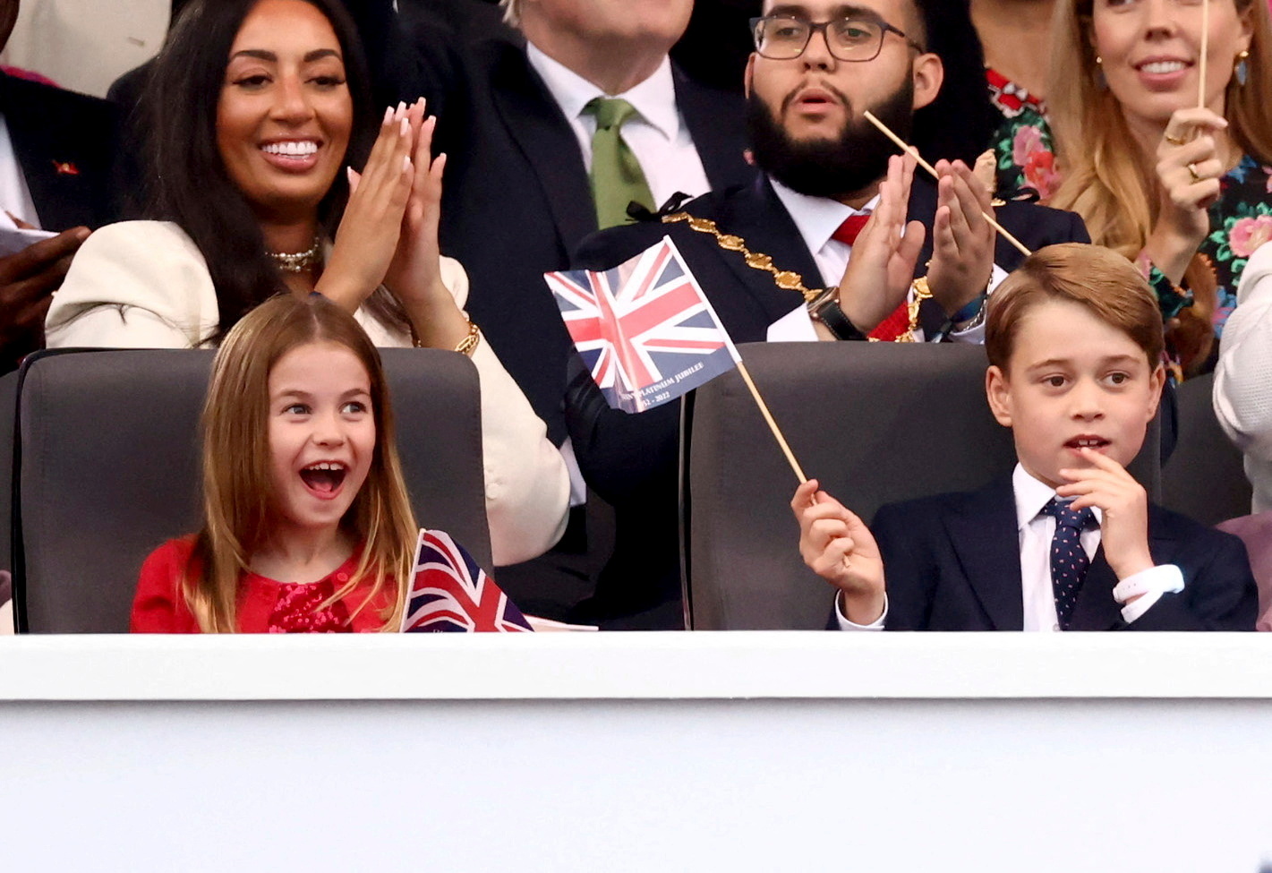 Charlotte and George enjoy the entertainment at the Party at the Palace, celebrating their great-grandmother's Platinum Jubilee. Photo / AP
