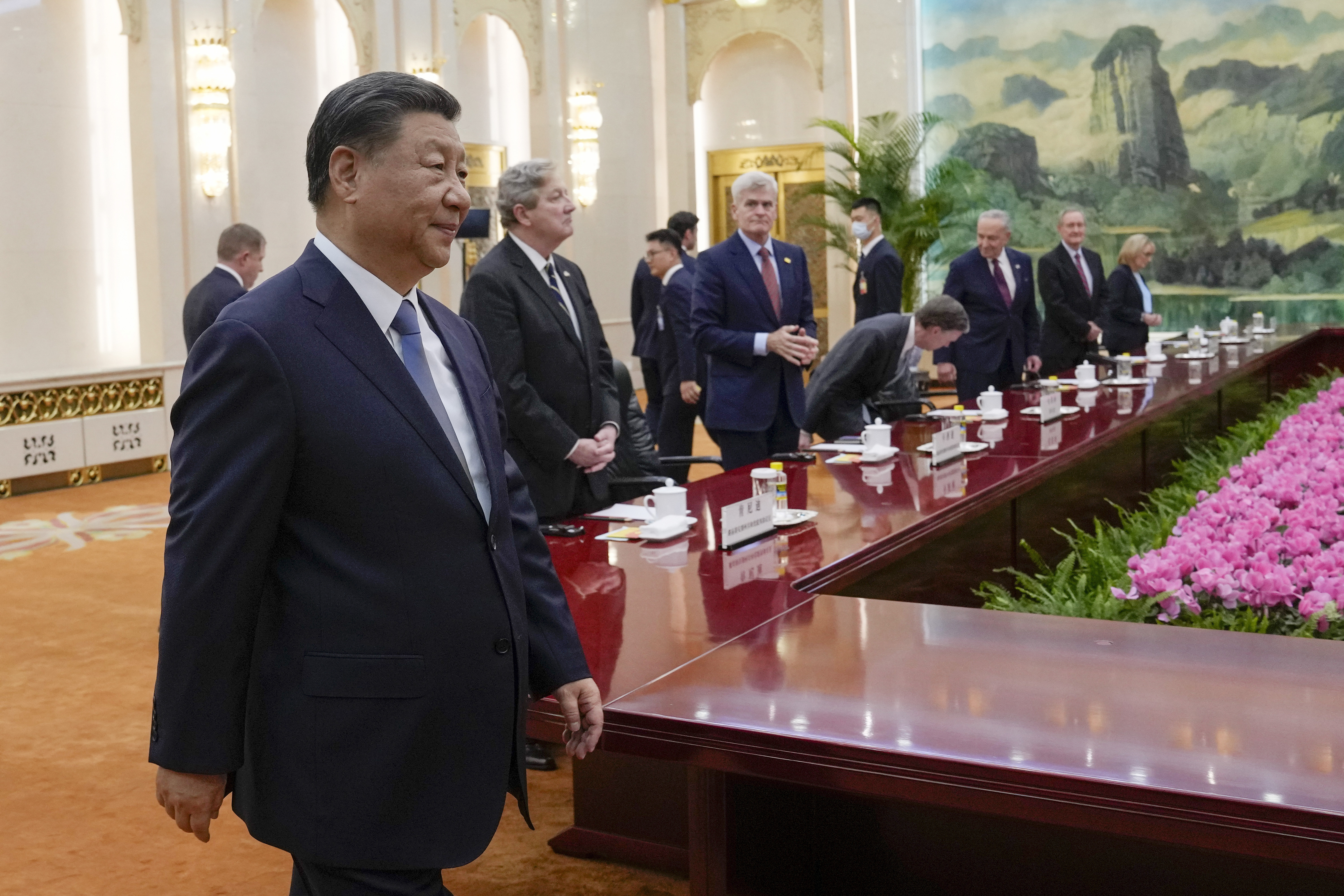 Chinese President Xi Jinping arrives to a bilateral meeting with US Senate majority leader Chuck Schumer, D-N.Y., and his delegations at the Great Hall of the People in Beijing on October 9, 2023. AP Photo / Andy Wong, Pool, File