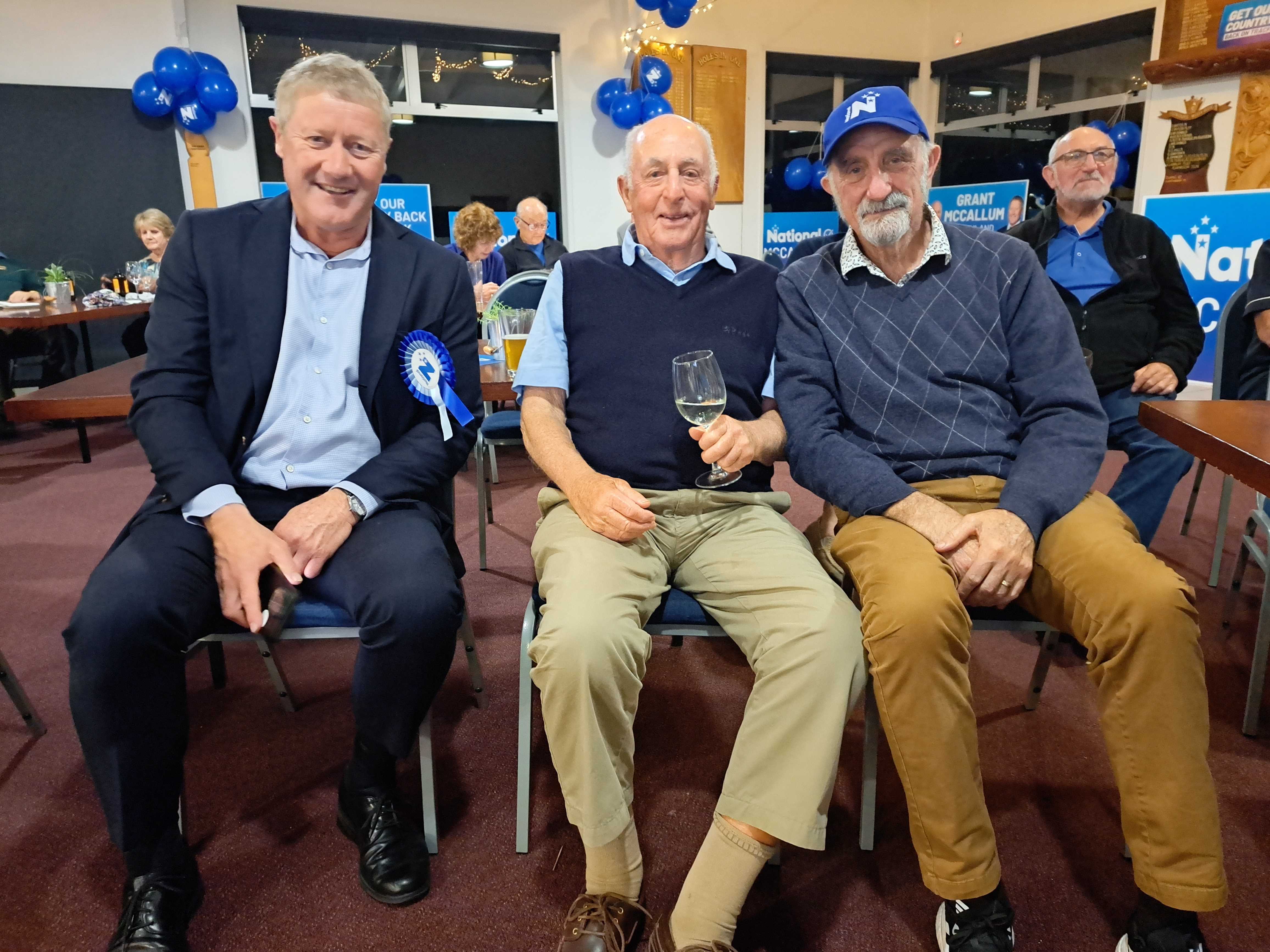National's Northland candidate Grant McCallum (left) with Dick Sheridan and former Far North mayor John Carter. Photo / Jenny Ling