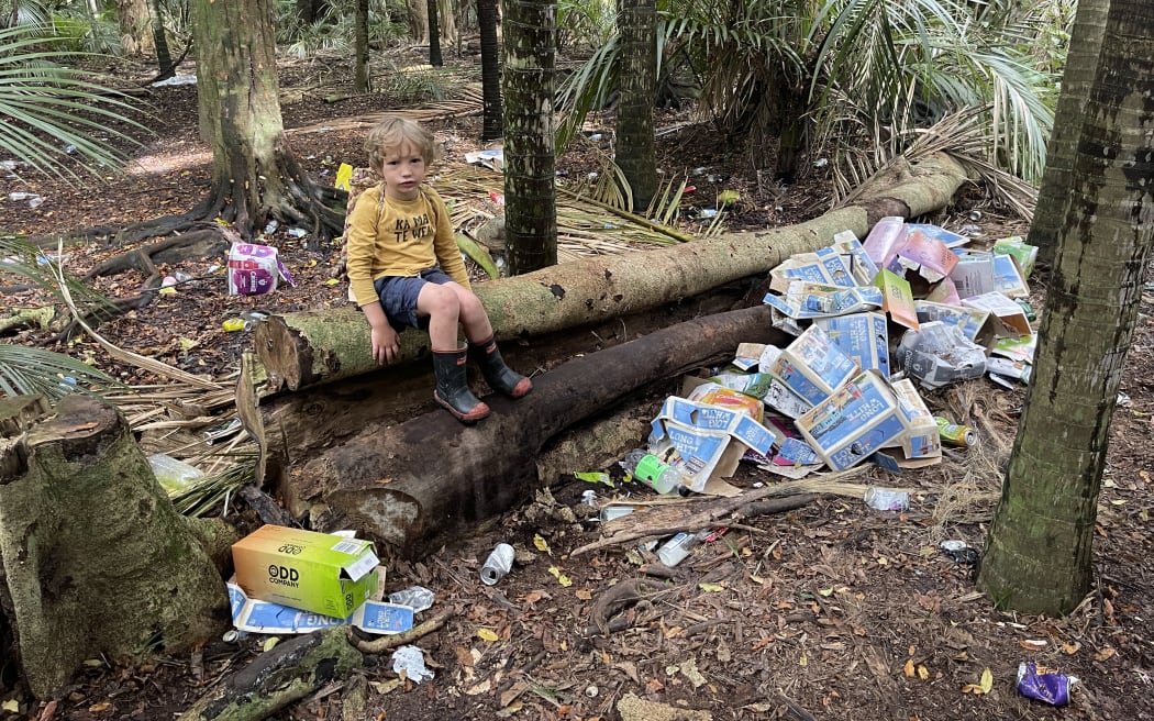 Sam Gibson and his 3-year-old son Rehua (pictured) discovered the rubbish in Makauri Bush when they went to pick mushrooms. Photo / Sam Gibson
