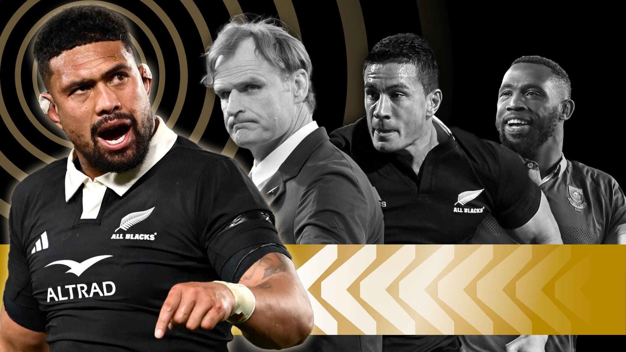 Left to right: Ardie Savea, Scott Robertson, Sonny Bill Williams and Siya Kolisi. Photos / SmartFrame; Photosport