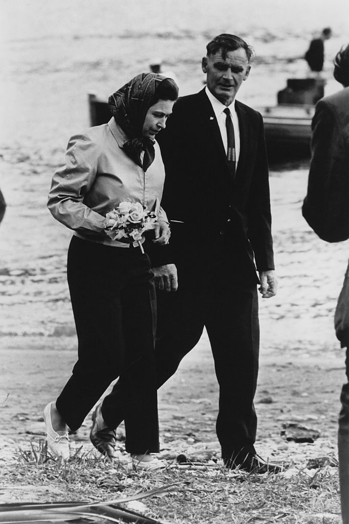 Queen Elizabeth II disembarks from the royal yacht Britannia at Ship Cove, during the 1970 royal tour of New Zealand. Photo / Getty Images