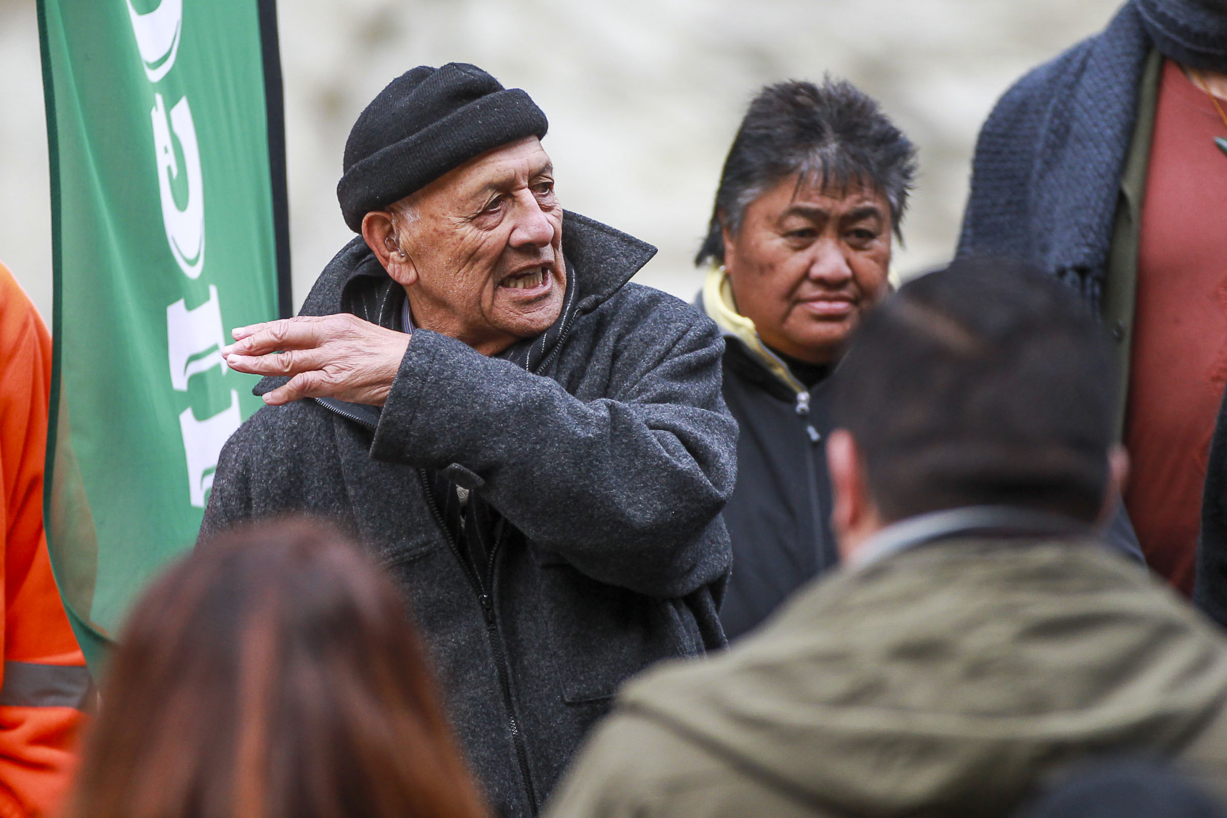 Tangoio kaumatua Bevan Taylor explains the procedure before the blessing of the bridge amid a walkover by dignitaries and others gathered for the occasion. Photo / Paul Taylor