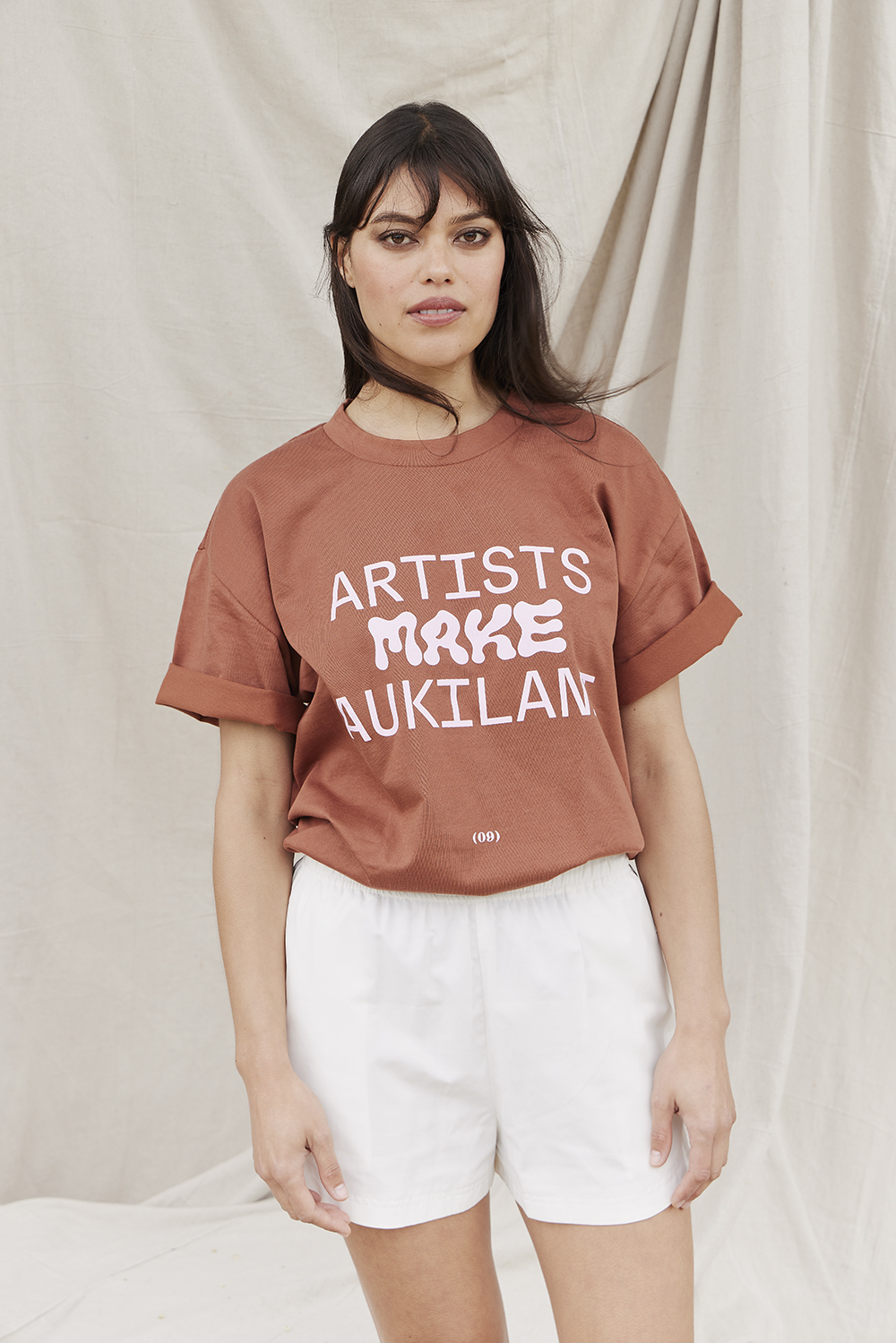 Karen wears an Artist for Aukilani fundraiser T-shirt $35. Photo / Mara Sommer