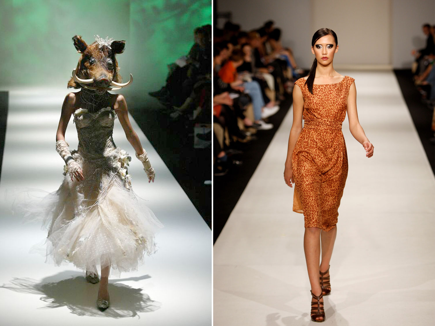 Left: Annah Stretton's boars head stunt from 2004; a design from Miromoda's 2009 debut. Photos / Getty Images