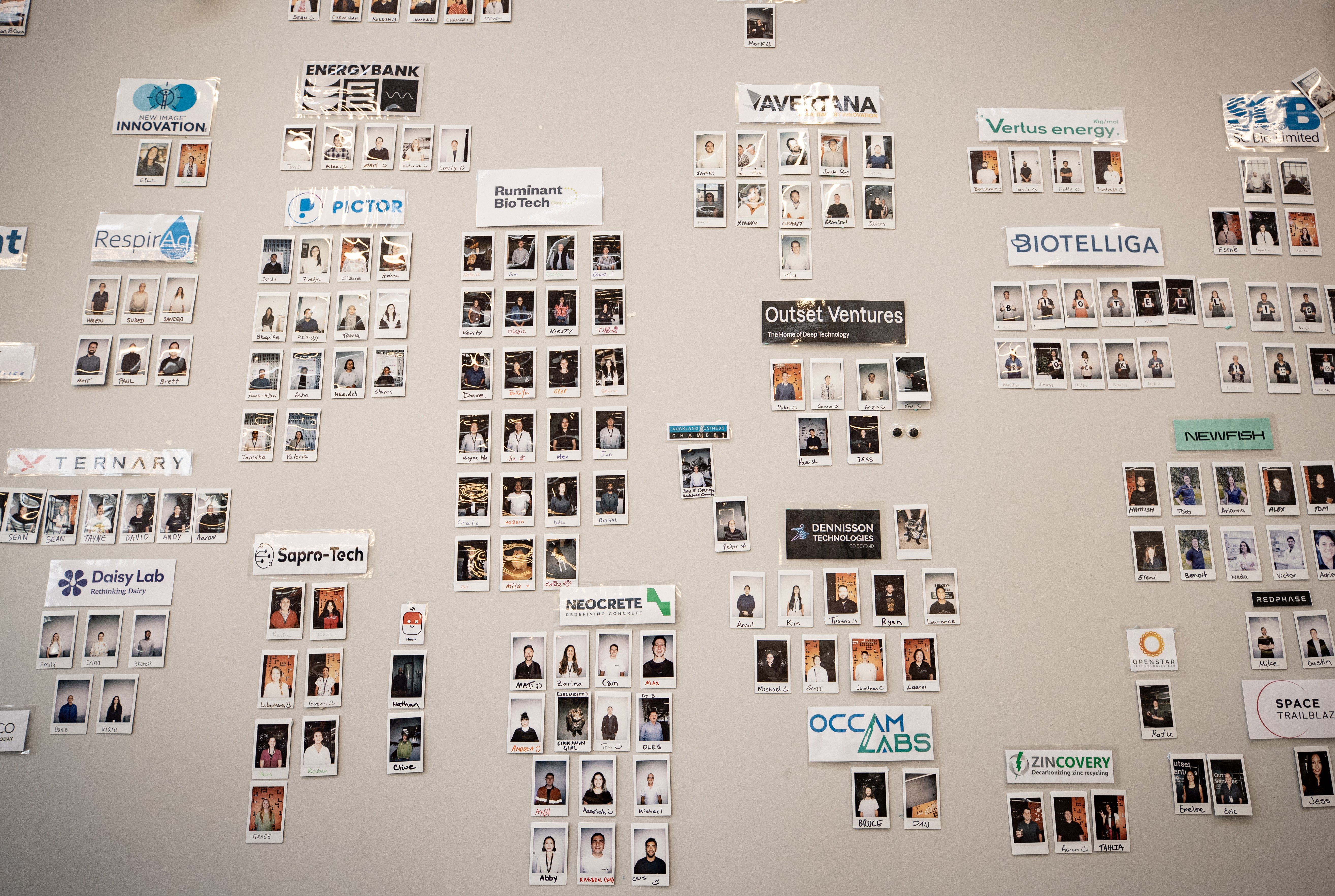 Future House's honours board featuring polaroids of the scientists, engineers and deep-tech specialists working out of Future House in Parnell. Photo / Dean Purcell